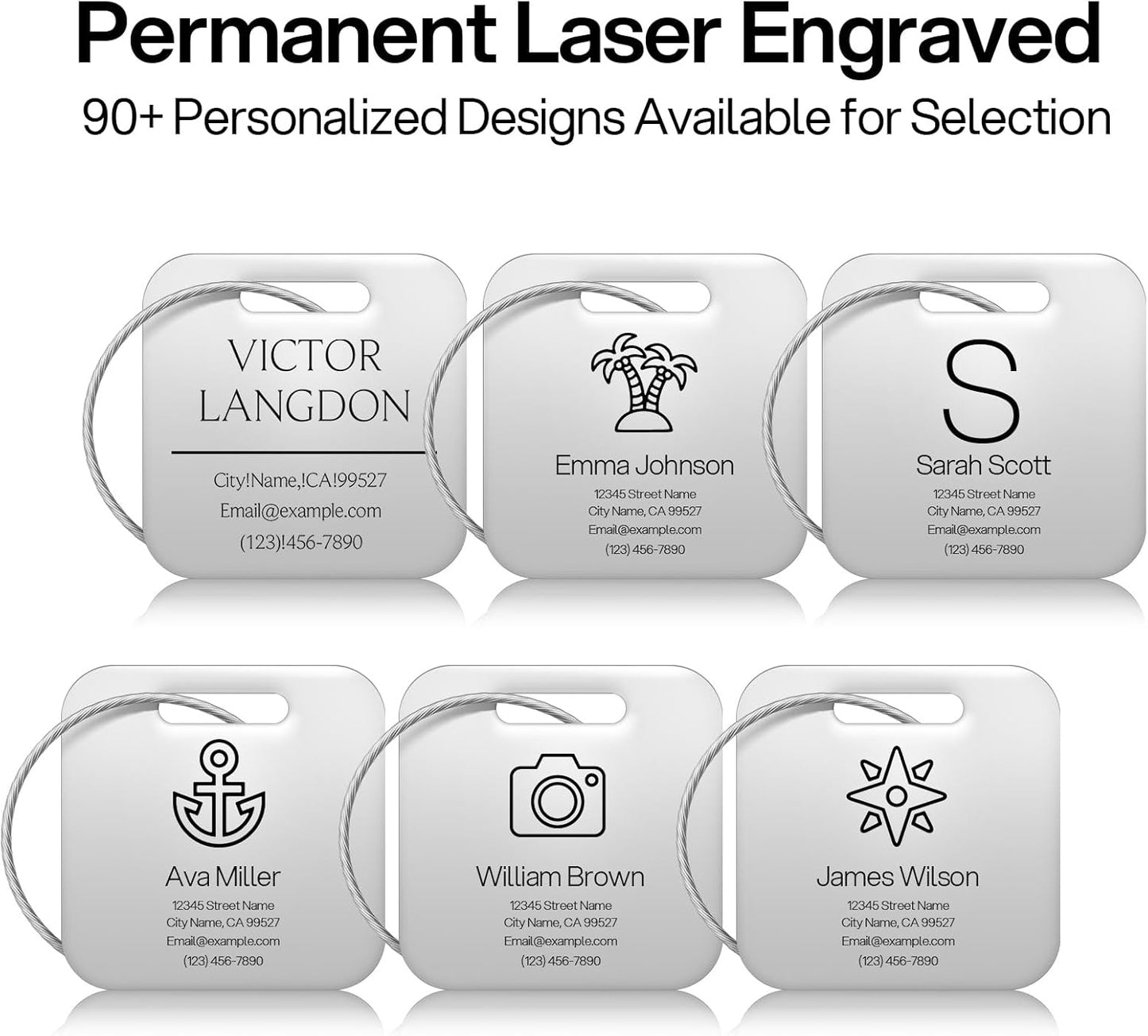 Initial Personalized Luggage Tags for Suitcases - Laser Engraved Stainless Steel Custom Name ID Tag for Backpack and Bag Kids, Women - Metal Baggage Tags Travel Essentials Accessories(Square-Silver)