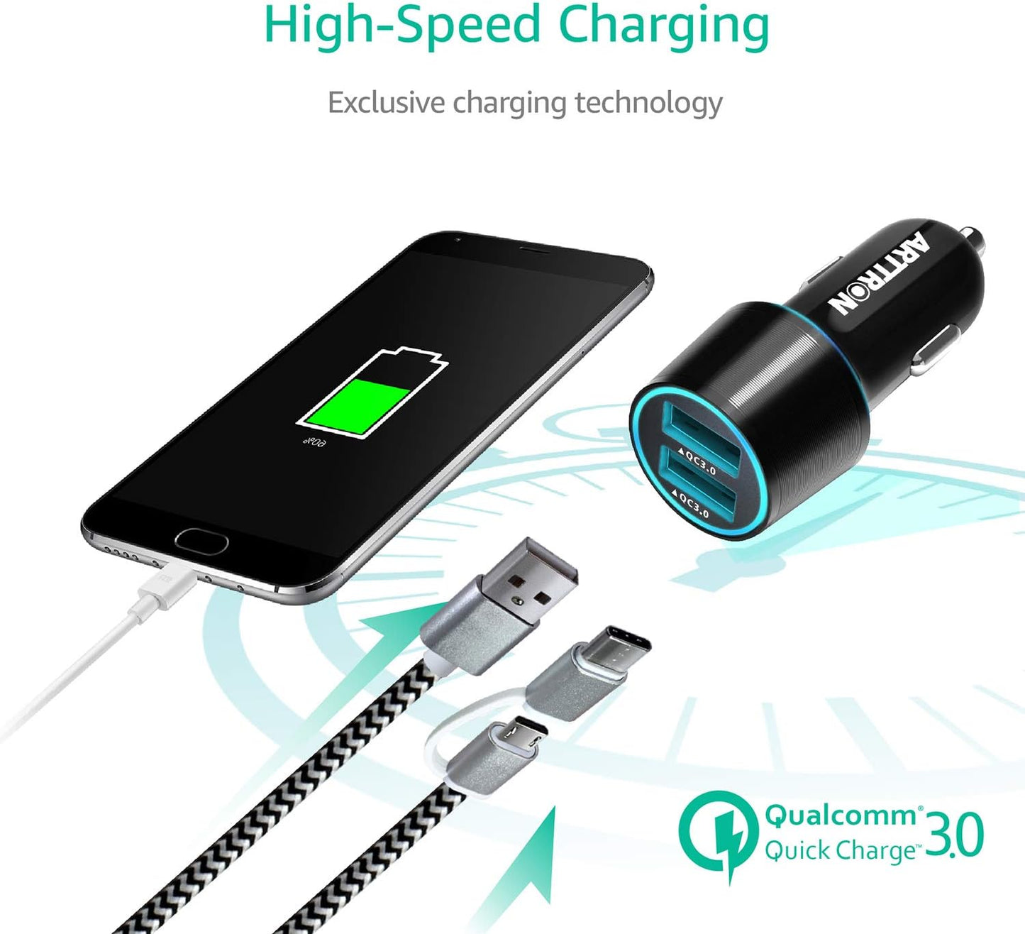 Fast USB Car Charger, Arttron Quick Charge 3.0 24W 4.8A Car Charger Adapter. with 3ft USB Type C &Micro 2 in 1 Fast Charging Cable,for iPhone/Samsung S24/S23/S22/S22+/Ultra/S21/Note 9/S10/