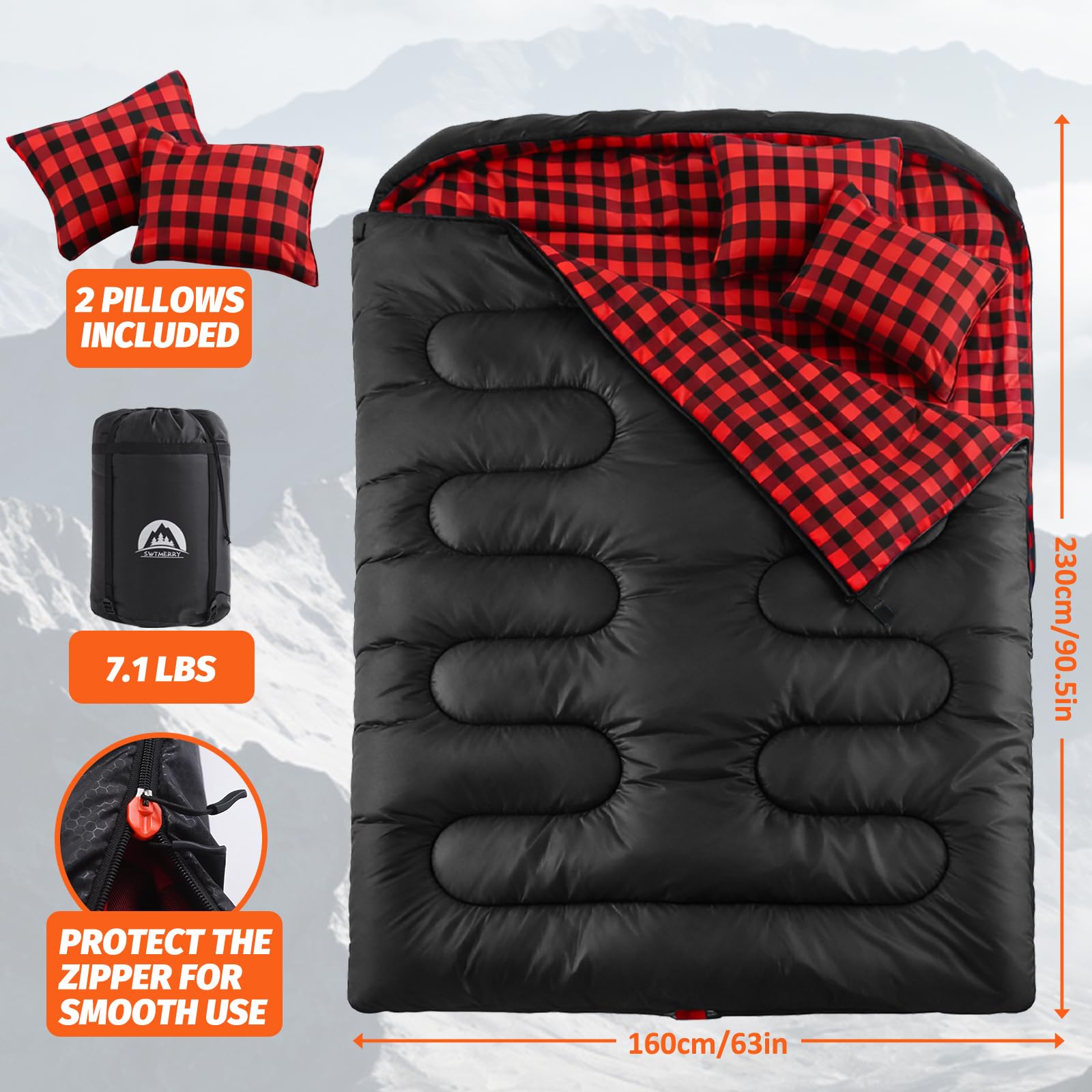 Swtmerry Flannel Double Sleeping Bag for Adults with 2 Pillows Cold Weather, Big & Tall Queen Size