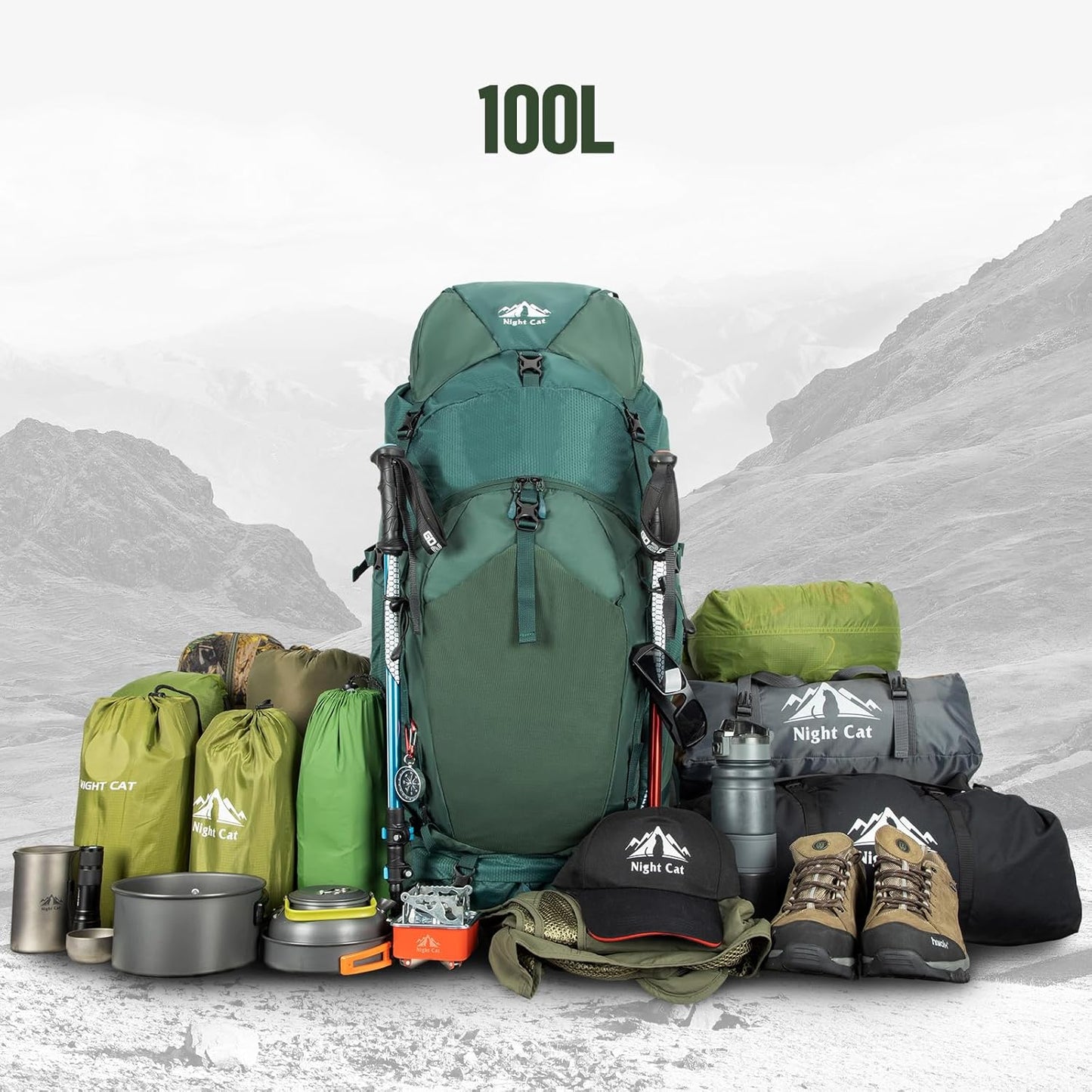 Night Cat Internal-frame Hiking Backpack: 100L Large Camping Backpack for Men Women Traveling Waterproof Rain Cover Green