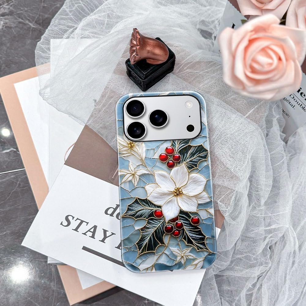Case for iPhone 17 Pro - Slim Fit Anti-Scratch Phone Case for Girl Women - Christmas Holly Elegant Winter Floral (Glossy)