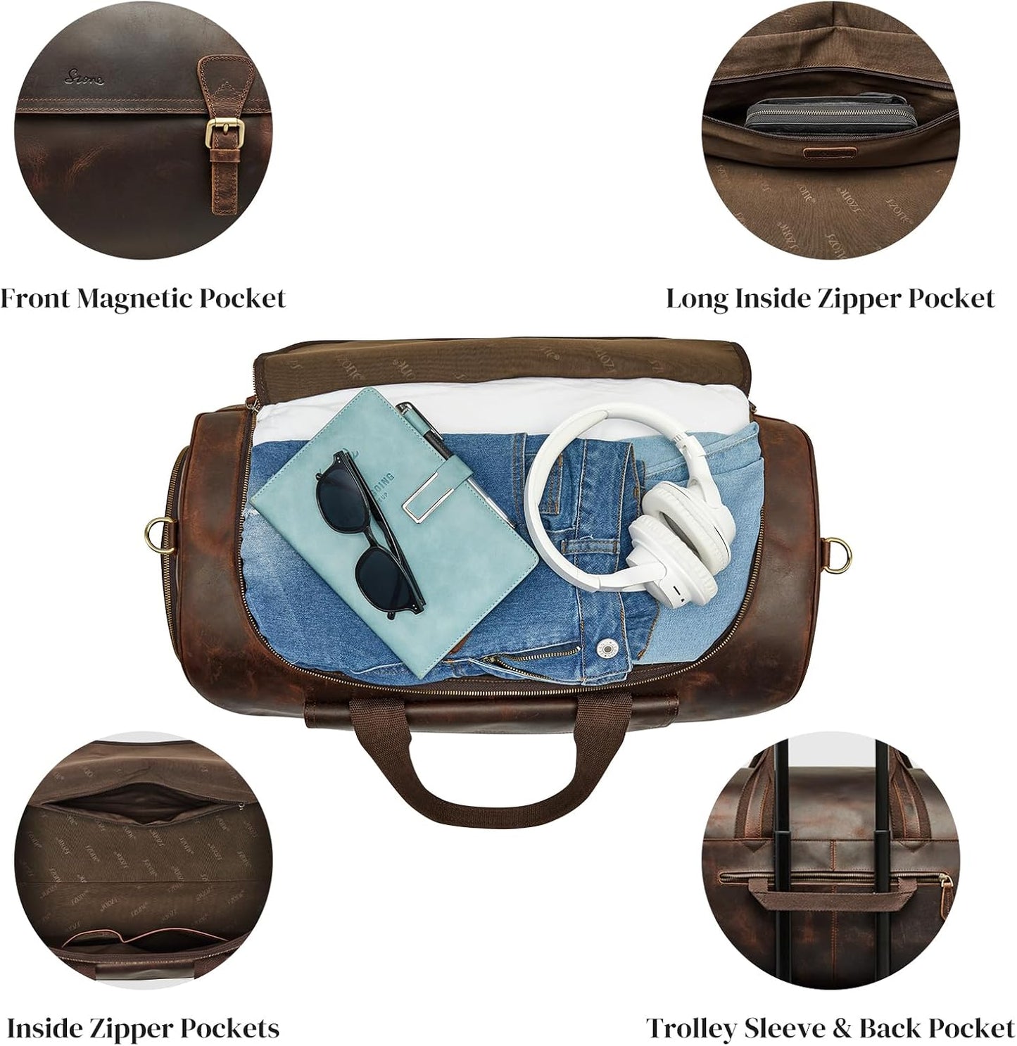 S-ZONE Genuine Leather Travel Duffle Bags for Men Women Carry On Garment Weekender Bags(Dark Brown)