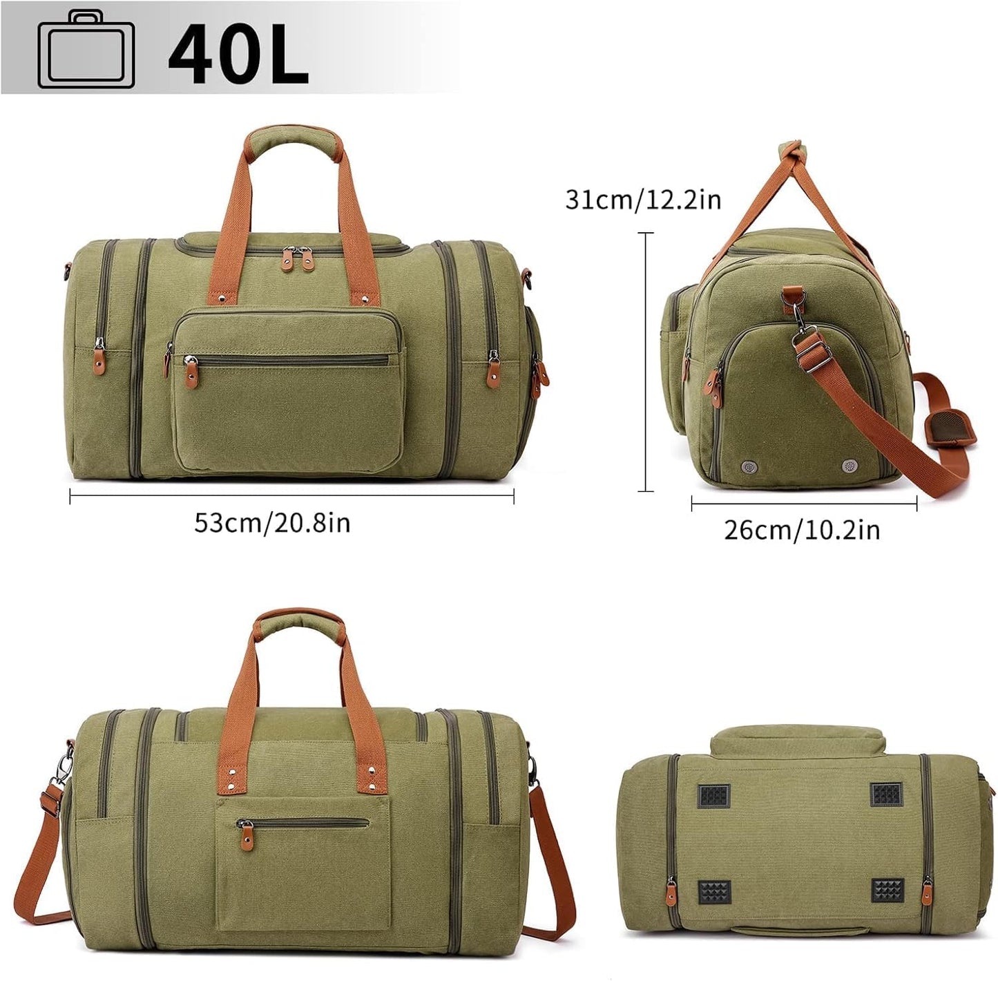Duffle Bag for Travel, 40L Canvas Travel Duffel Bag With Shoe Compartment And Toiletry Bag, Overnight Weekender Carry On Luggage Bag for Men & Women (Green)