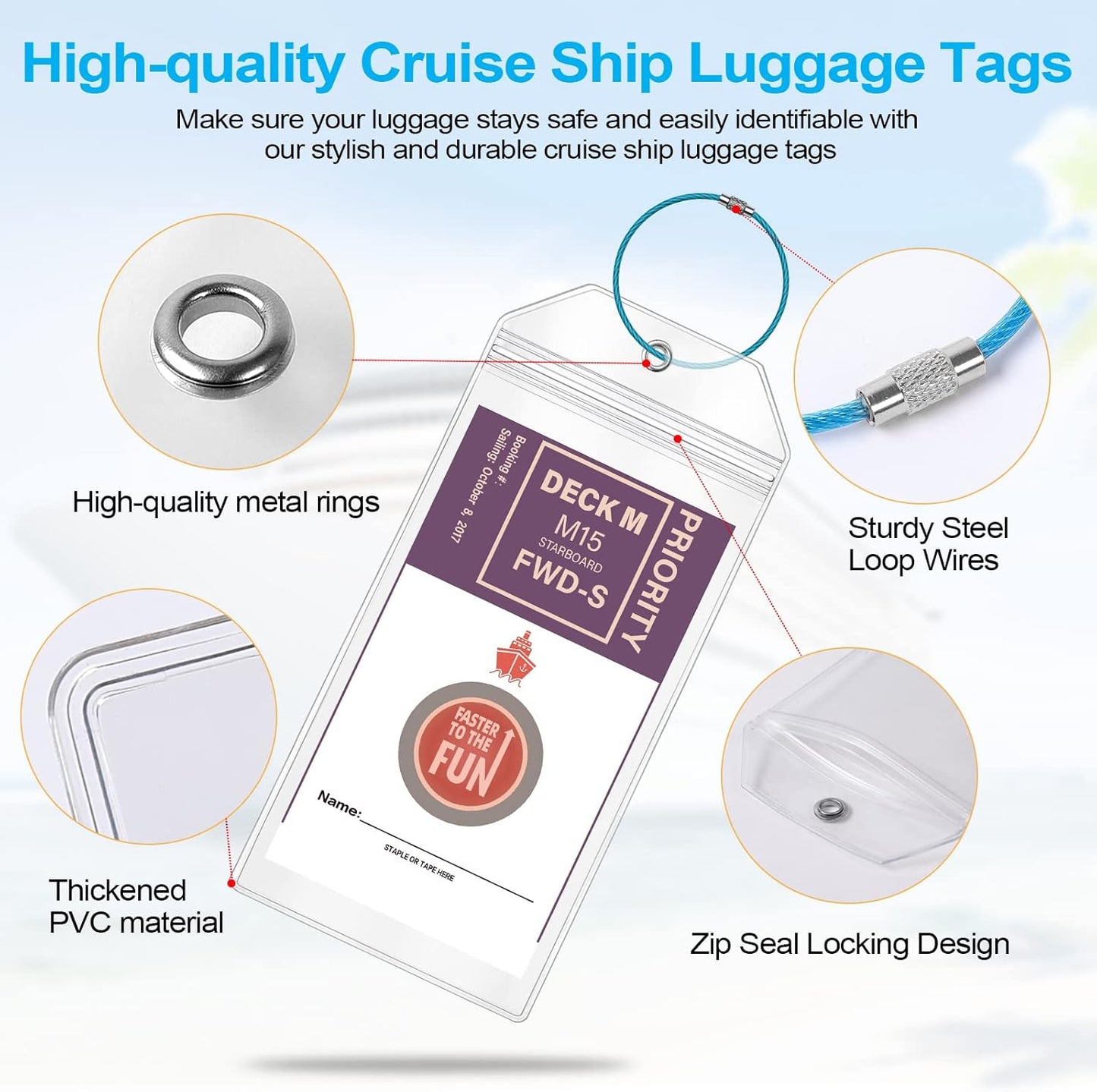 Cruise Luggage Tags for Carnival, MSC, Costa, NCL & Princess Cruise Ships, 6Pack Clear Tags Zip Seal Reusable Cruise Travel Essentials for 2025-2026