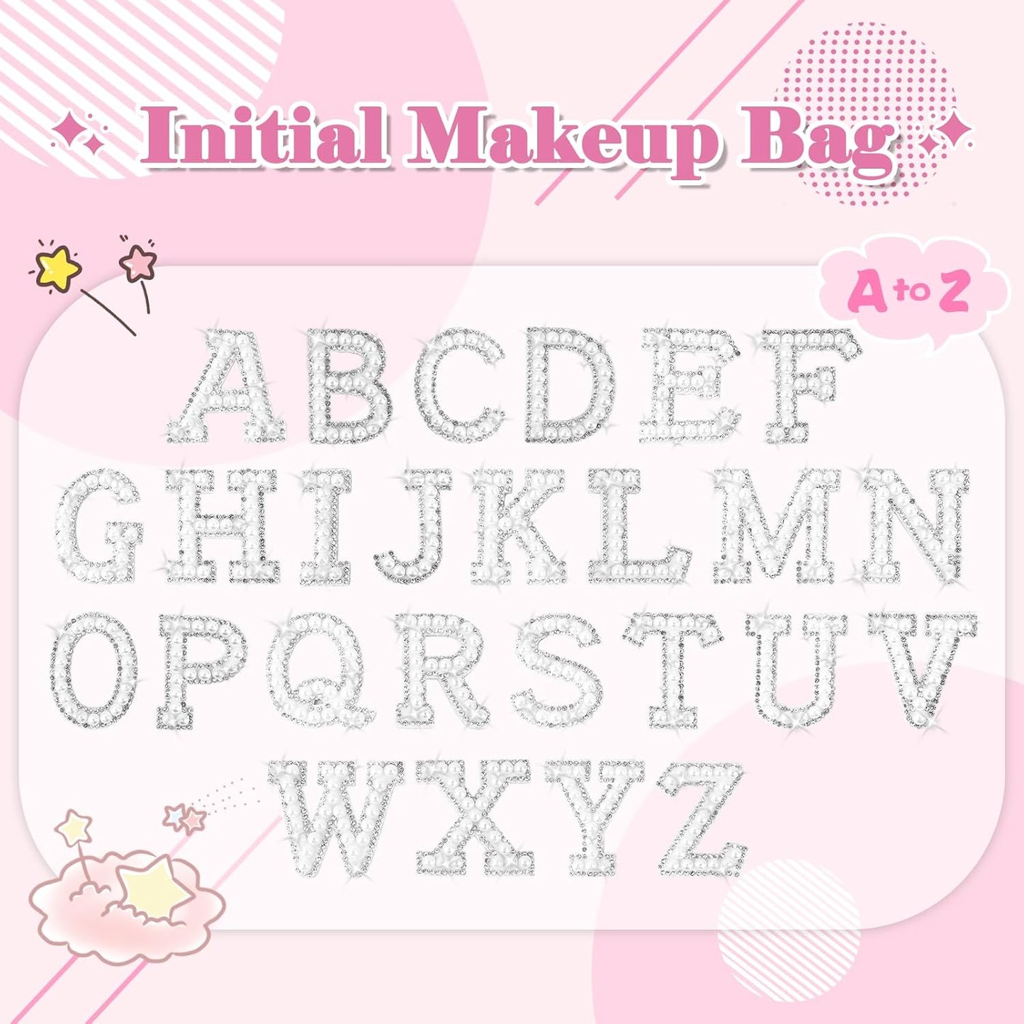 ChaoGreat Bride Gifts – Personalized Initial Makeup Bag with Pearl Rhinestone Patch, Preppy Pink Monogram Cosmetic/Toiletry Pouch, bridesmaid Gifts, Bridal Shower Gifts, Wedding Gifts, Bridal Gifts,A