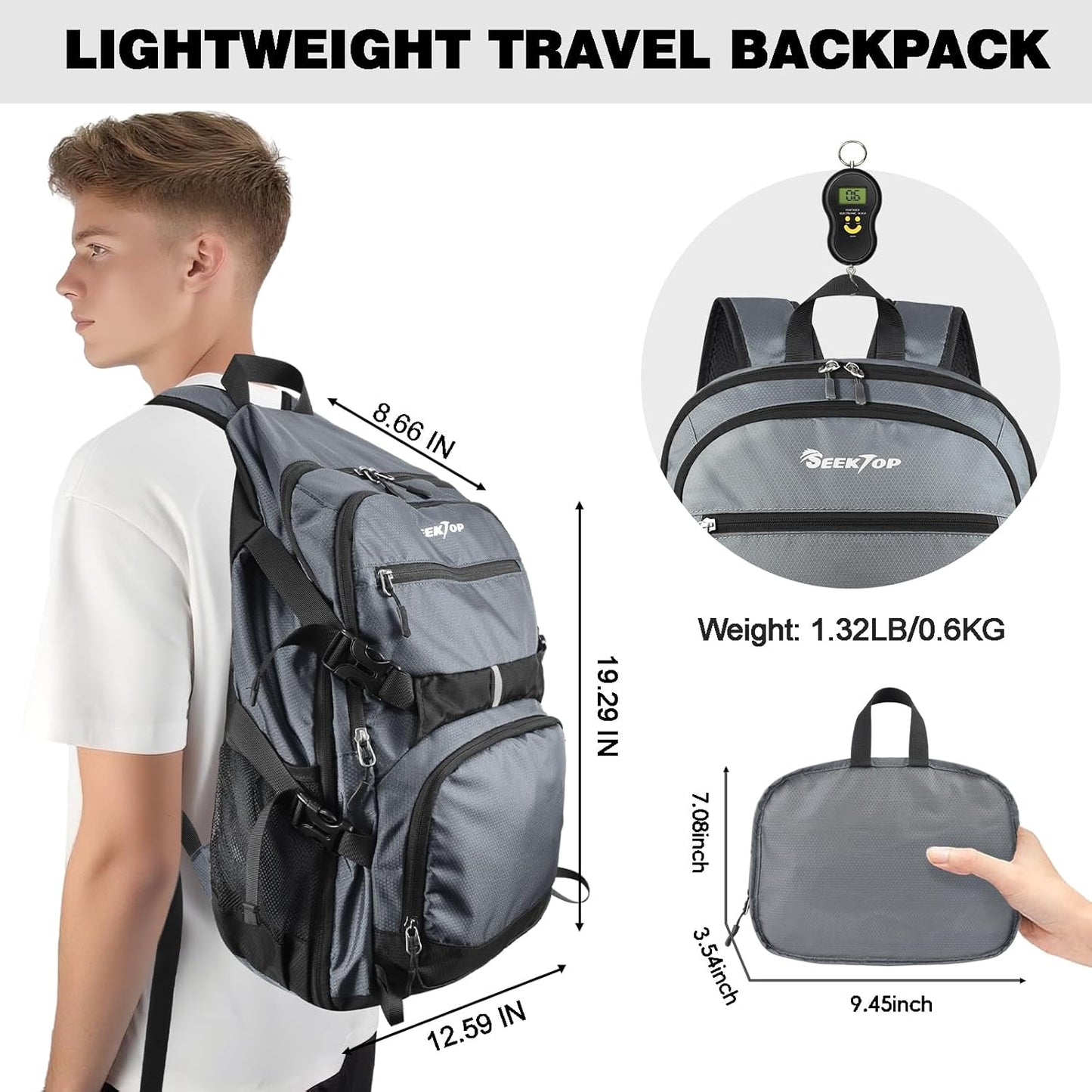 Seektop 40L Foldable Hiking Backpack for Women Men Lightweight Packable Travel Backpack Carry on Flight Approved for Outdoor Camping Sport Leisure (Gray)