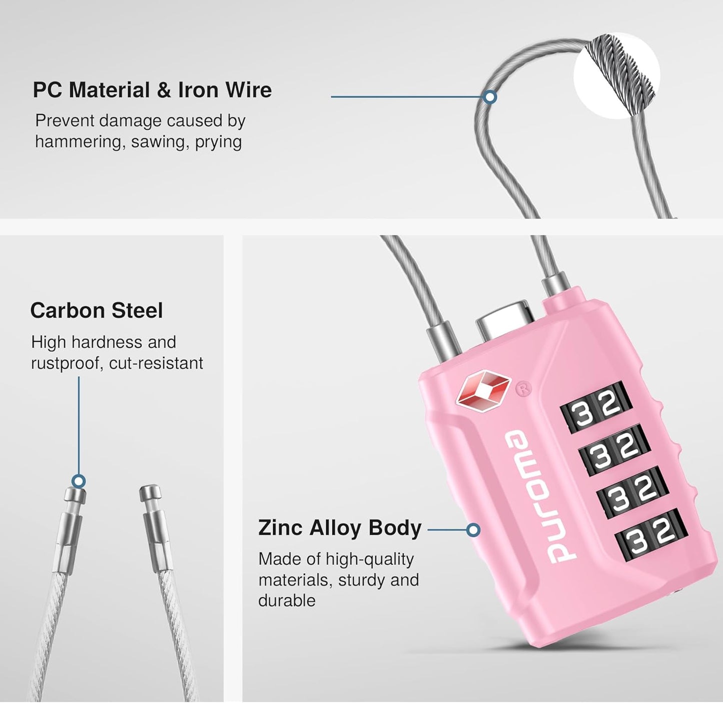 Puroma 2 Pack TSA Approved Luggage Locks, 4 Digit Combination Travel Locks Resettable Code Lock with Zinc Alloy Body for Suitcase, Toolbox, Backpack, Bag, Gym Locker (Pink)