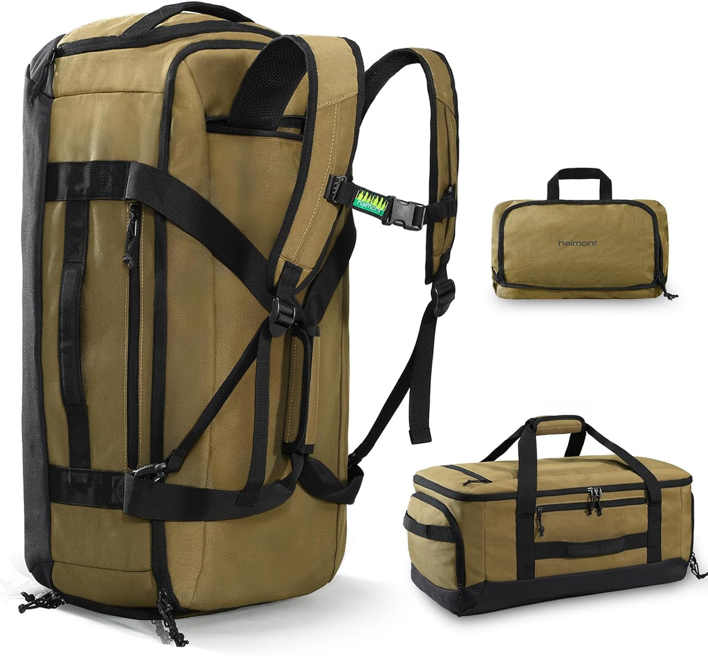 Haimont Large Collapsible Duffle Bag Backpack for Travel, Water-Resistant 60L Weekender Bag with Shoe Pocket, Men & Women, Sports, Traveling, Camping, Outdoor, Brown