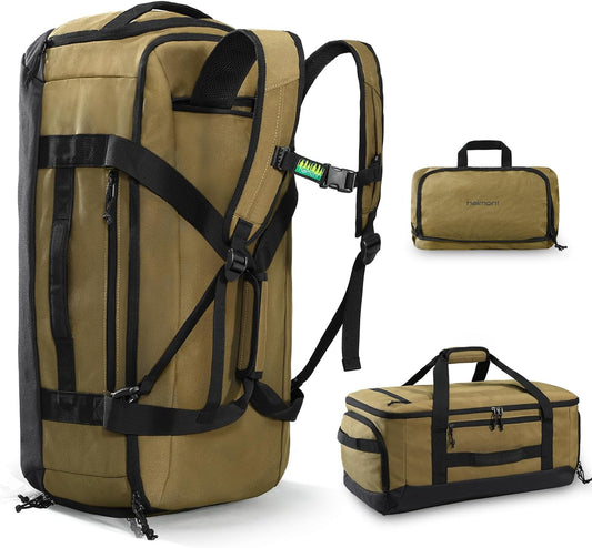 Haimont Large Collapsible Duffle Bag Backpack for Travel, Water-Resistant 60L Weekender Bag with Shoe Pocket, Men & Women, Sports, Traveling, Camping, Outdoor, Brown