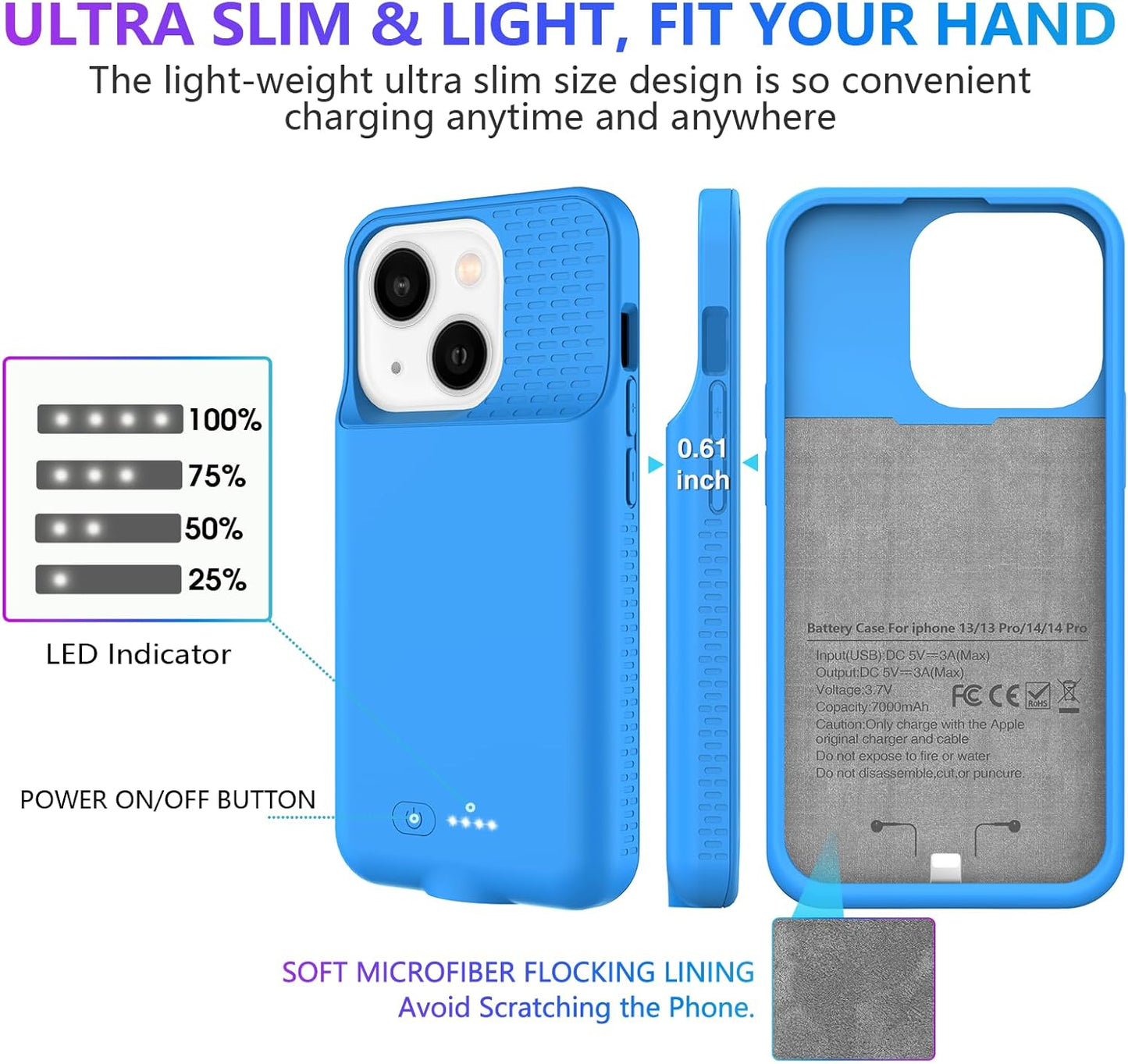 GIN FOXI Battery Case for iPhone 14/14 Pro/13/13 Pro, 15W Fast Charging Case Charger 7000mAh Powerful Extra Juice Box Rechargeable Battery Pack for iPhone 14&14Pro&13&13Pro, 6.1" Blue