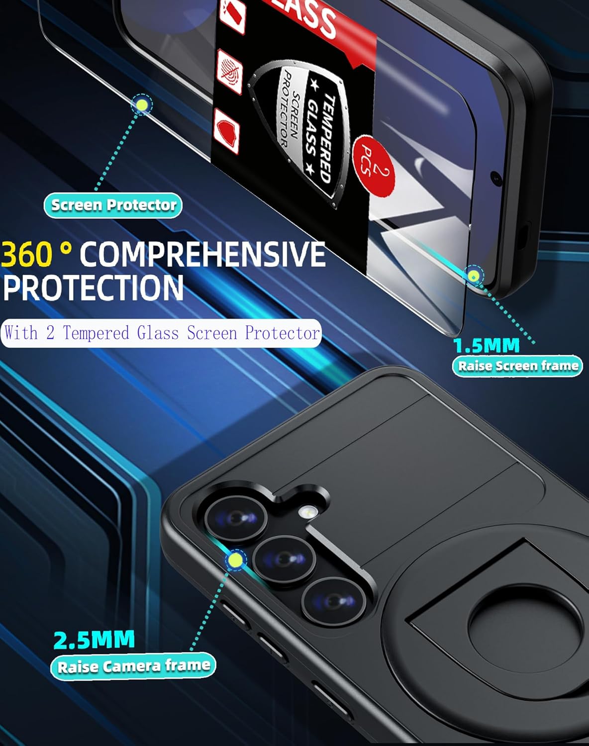 for Samsung Galaxy S24 FE Case Magnetic Compatible with MagSafe Wireless Charging,with 2 Screen Protectors,for S24 FE Case with Stand Ring Anti-Scratch Shockproof Heavy Duty Protection Black