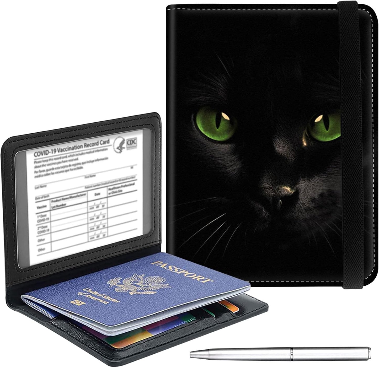 Passport Holder Cover Wallet Travel Essentials RFID Blocking Case Leather Passport Cover Wallet Vaccine Card Slot Organizer for Men Women, Black Cat