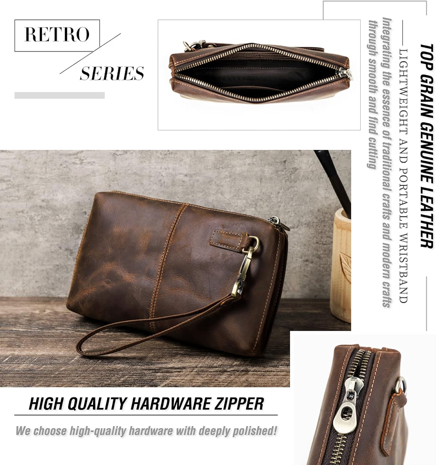 Top Grain Genuine Leather Clutch Wallet with Wristlet for Man & Woman, Handmade Simple Retro Vintage Design, Multi Pockets & Card Slots, RFID Large Capacity for Cards/ID/Checks/Banknote/Phone, Coffee