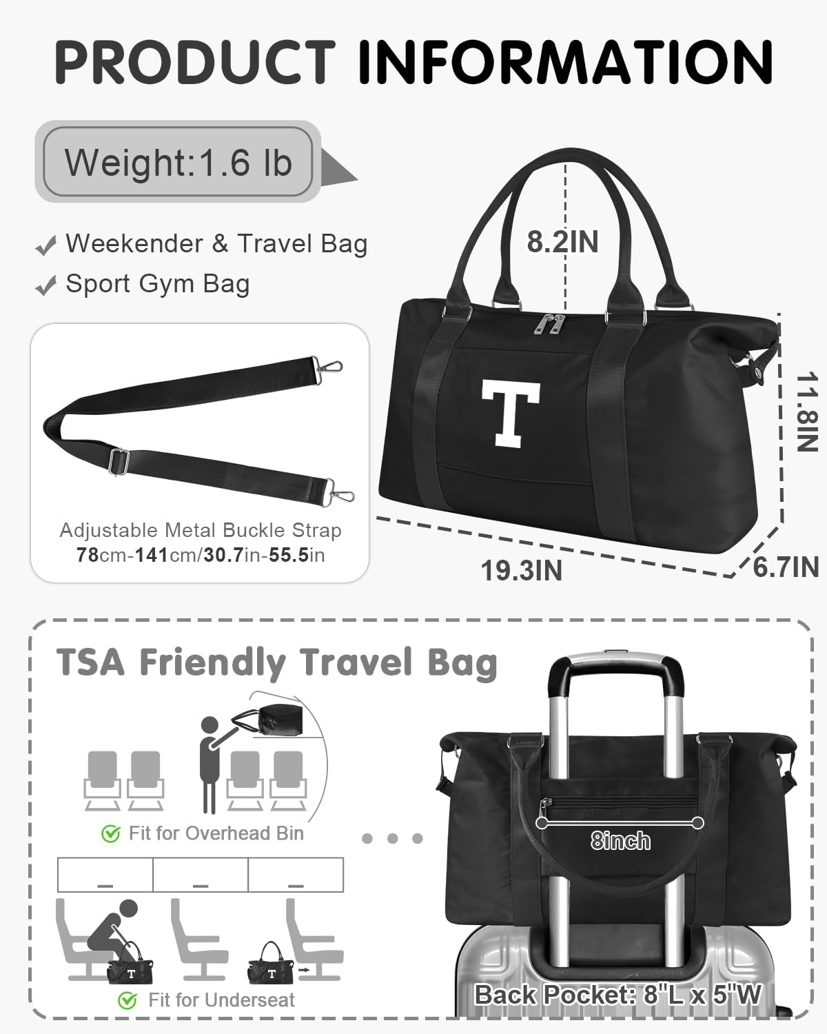 Initial Travel Duffel Bag Sports Gym Bag for Boys Teen Birthday Gifts,Black Personalized Weekender Bag Carry On Tote Bags for Men,Waterproof Overnight Luggage Bag Airplane Travel Essentials(Letter T)