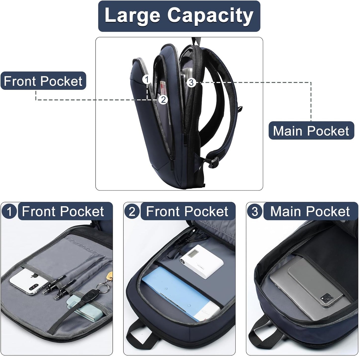 Business Backpack 17 Inch Slim Expandable Waterproof Travel Laptop Backpacks with USB Charger Port