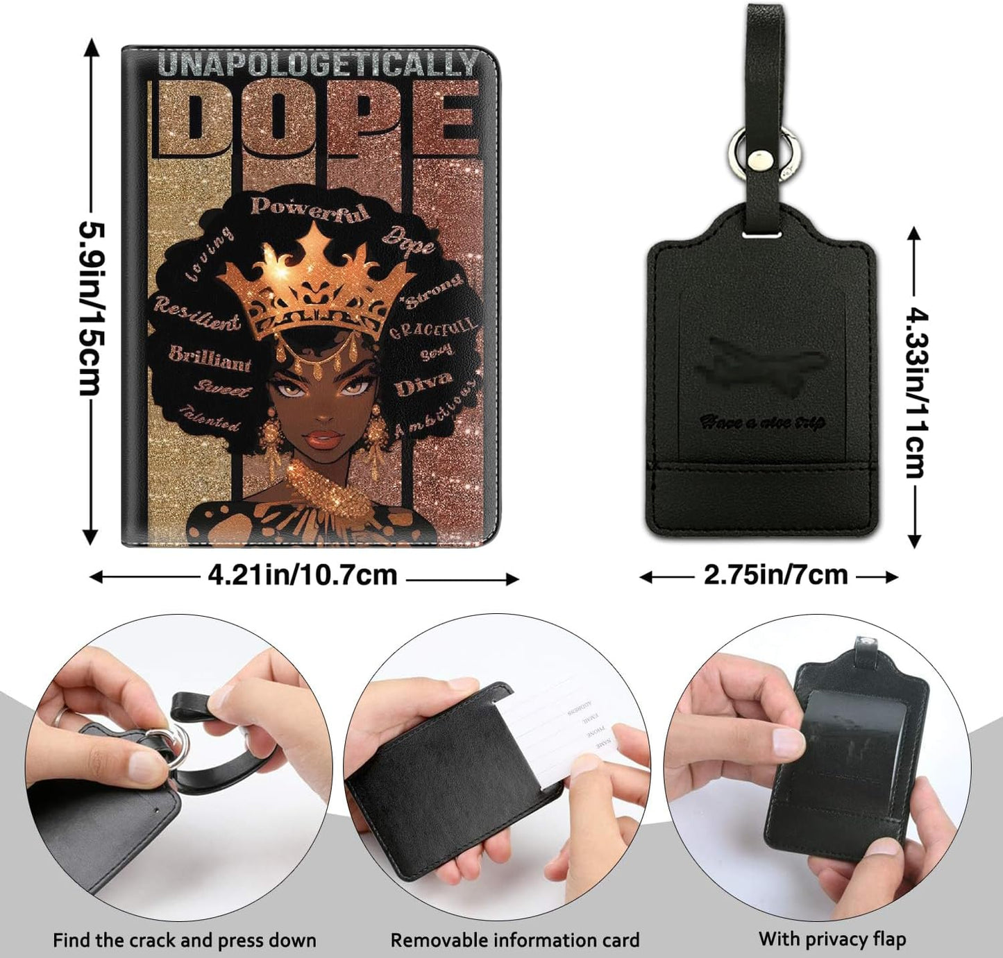 Passport Holder Women Wallet with Luggage Tag, Leather Passport Cover with RFID Blocking, Travel Accessories Multi Card Slot Passport Case for Men，African American Crown Girls