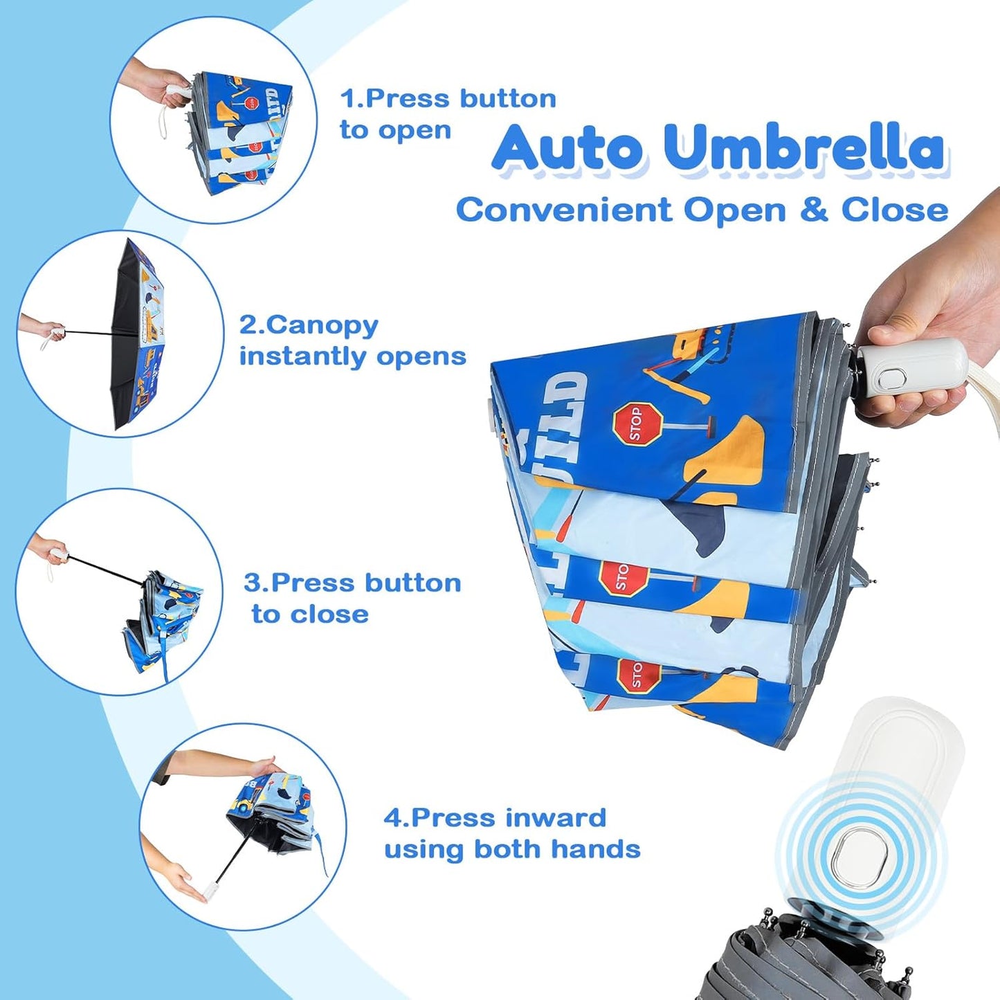 Autoamtic Kids Umbrella UV Resistant, Folding Compact Umbrella 360° Reflective Strip for Travel Outdoor, Lightweight Cute Kids Parasol Anti-rebound Safe for Toddler