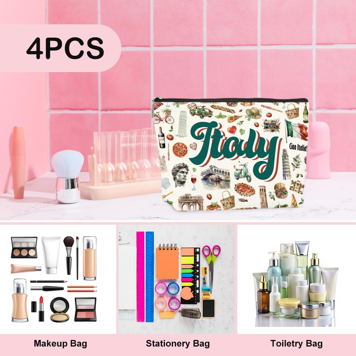 4PCS Italy Travel Essentials Italian Gifts Makeup Bag Cosmetic Bag for Women Friend Lady Sister Bestie Italy Travel Lover Weekend Bag Vacation Christmas Birthday Friendship
