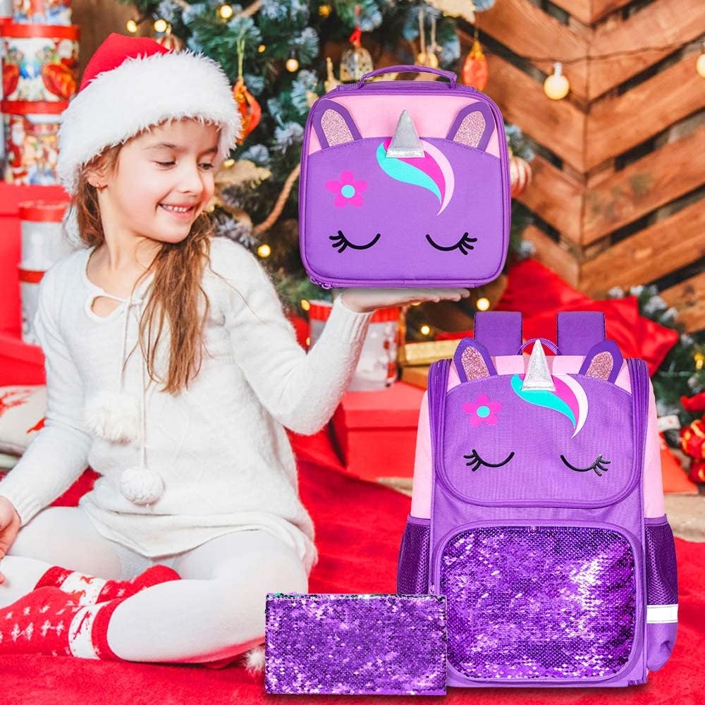 KLFVB 3PCS Backpack for Girls and Boys, 15" Unicorn Dinosaur Bookbag with Lunch Box, Kids Preschool School bag