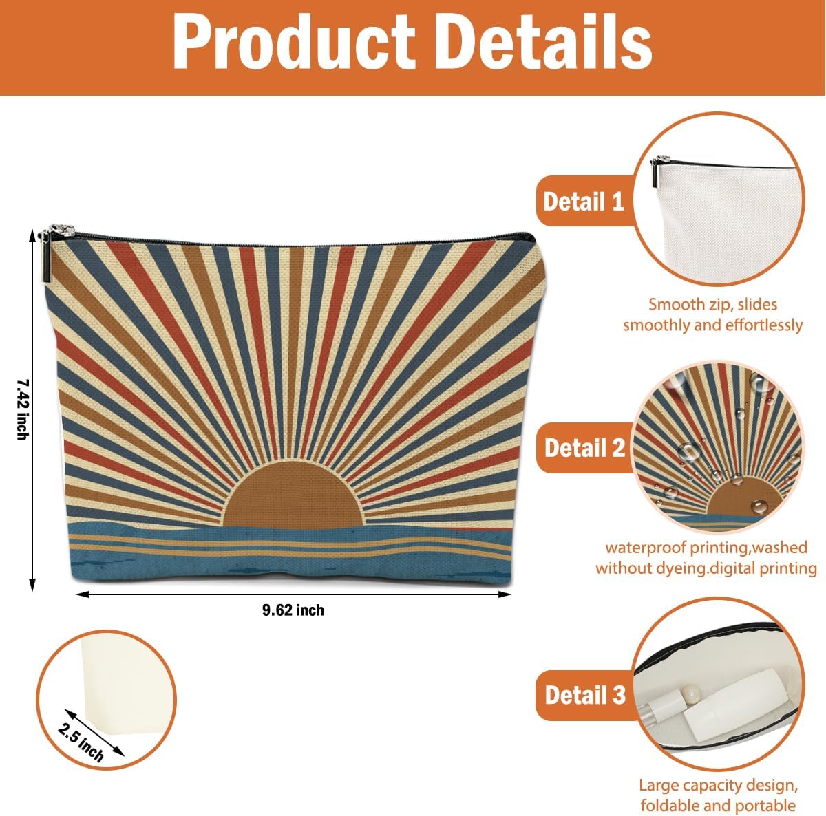 4PCS Sunshine Makeup Bag, Boho Gifts for Women, Natural Linen Zipper Pouch, Sunlight Rays Nature Best Sunshine Gifts for Girls Sister Travel Boho Cosmetic Bag