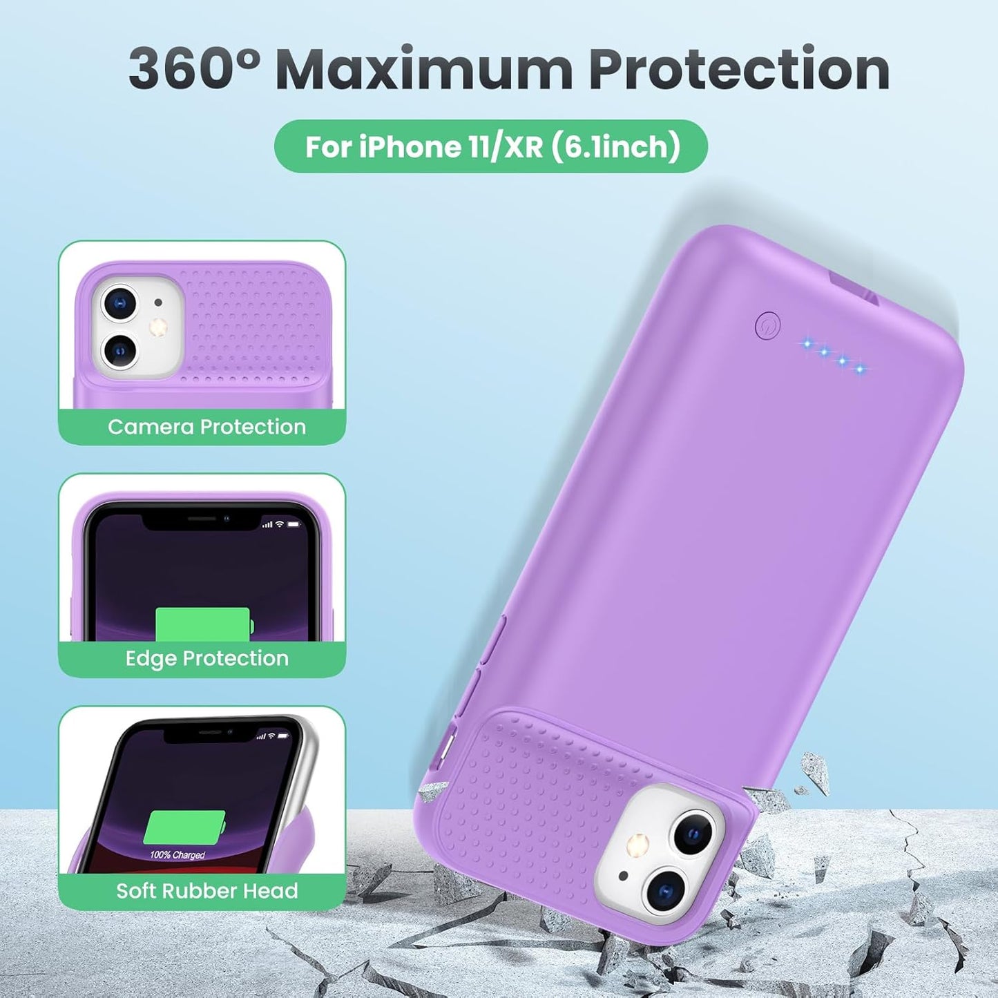 Battery Case for iPhone 11/XR (6.1inch),Upgraded 7500mAh Slim Portable Charger Case Cover,External Battery Pack Charging Case with Tempered-Glass Screen Protector for iPhone 11/iPhone XR -Purple