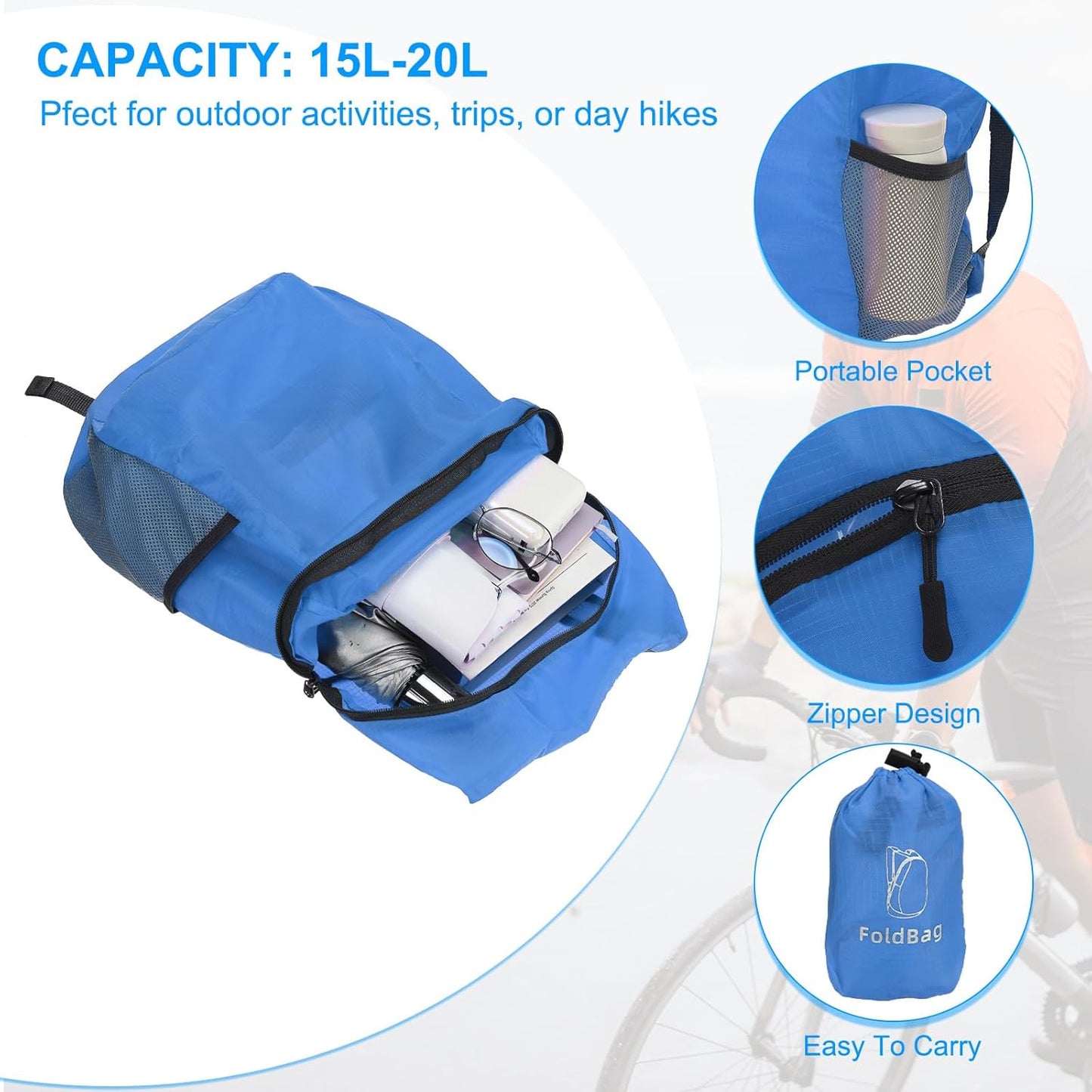 PATIKIL Hiking Backpack, 15L-20L Packable Lightweight Backpack Daypack Small Foldable Outdoor Camping Cycling Backpacking Shoulder Bag, Blue