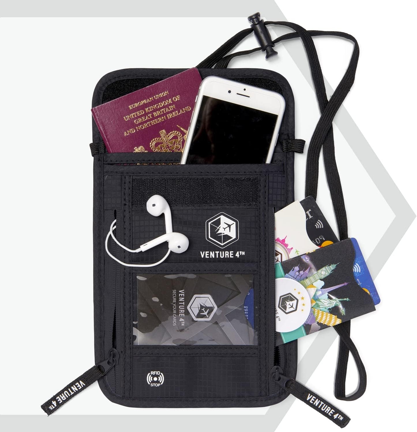 VENTURE 4TH Neck Wallet, RFID Blocking Passport Holder for Travel – Hidden Neck Pouch with 6 Compartments, Slim Lightweight Organizer with Adjustable Strap for Cash, Cards & Passport (Pure Black)