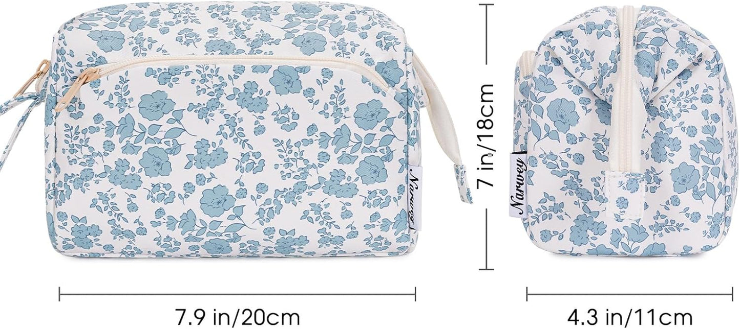 Narwey Cute Floral Makeup Bag Wide-open Make up Bag Travel Cosmetic Organizer Toiletry Bag for Cosmetics Toiletries Accessories (Little Blue Flower)