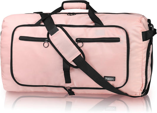 Fmeida 65L Duffle Bag with Shoes Compartment, Foldable Travel Duffel Bags for Men Women, Large Packable Travel Bag Water Repellent & Tear Resistant (Light Pink)