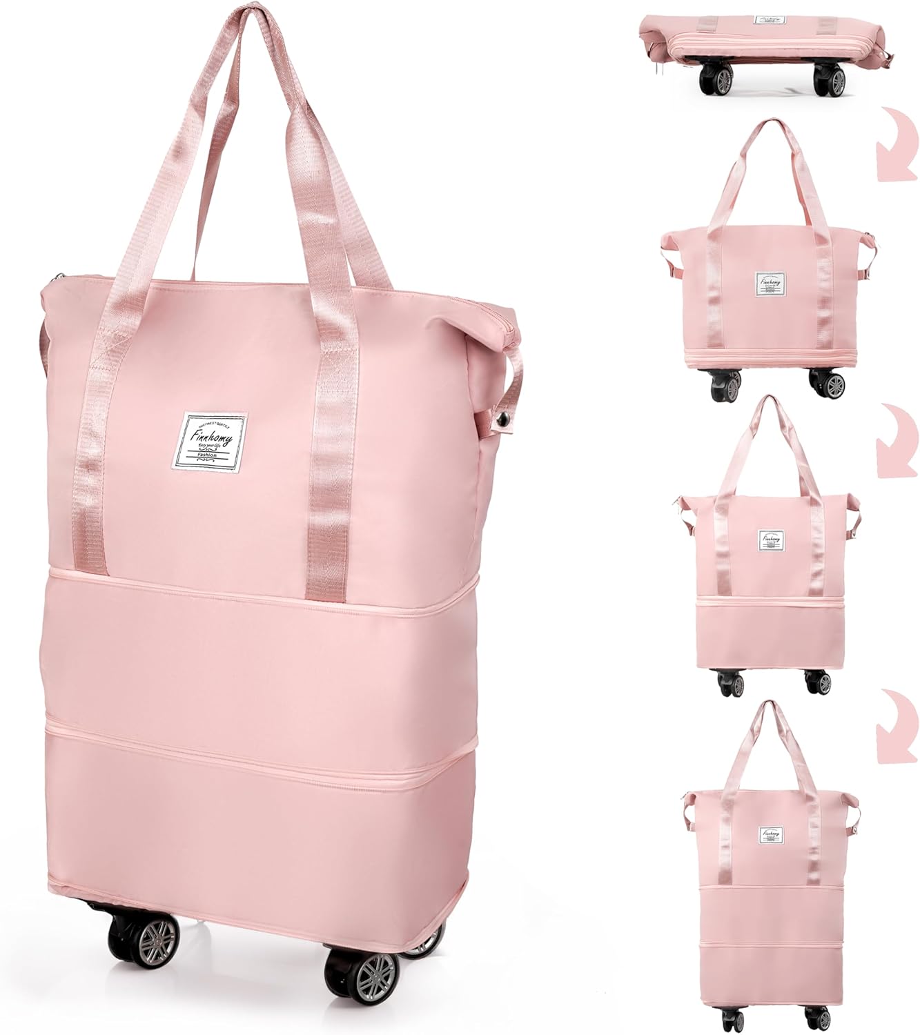 Finnhomy 50L Expandable Rolling Duffel Bag with Wheels Foldable Duffel Bag for Travel Carry on Bag with Wheels Luggage Travel bag Detachable Wheel Duffel Bag for Shopping Travel Outdoor, Pink
