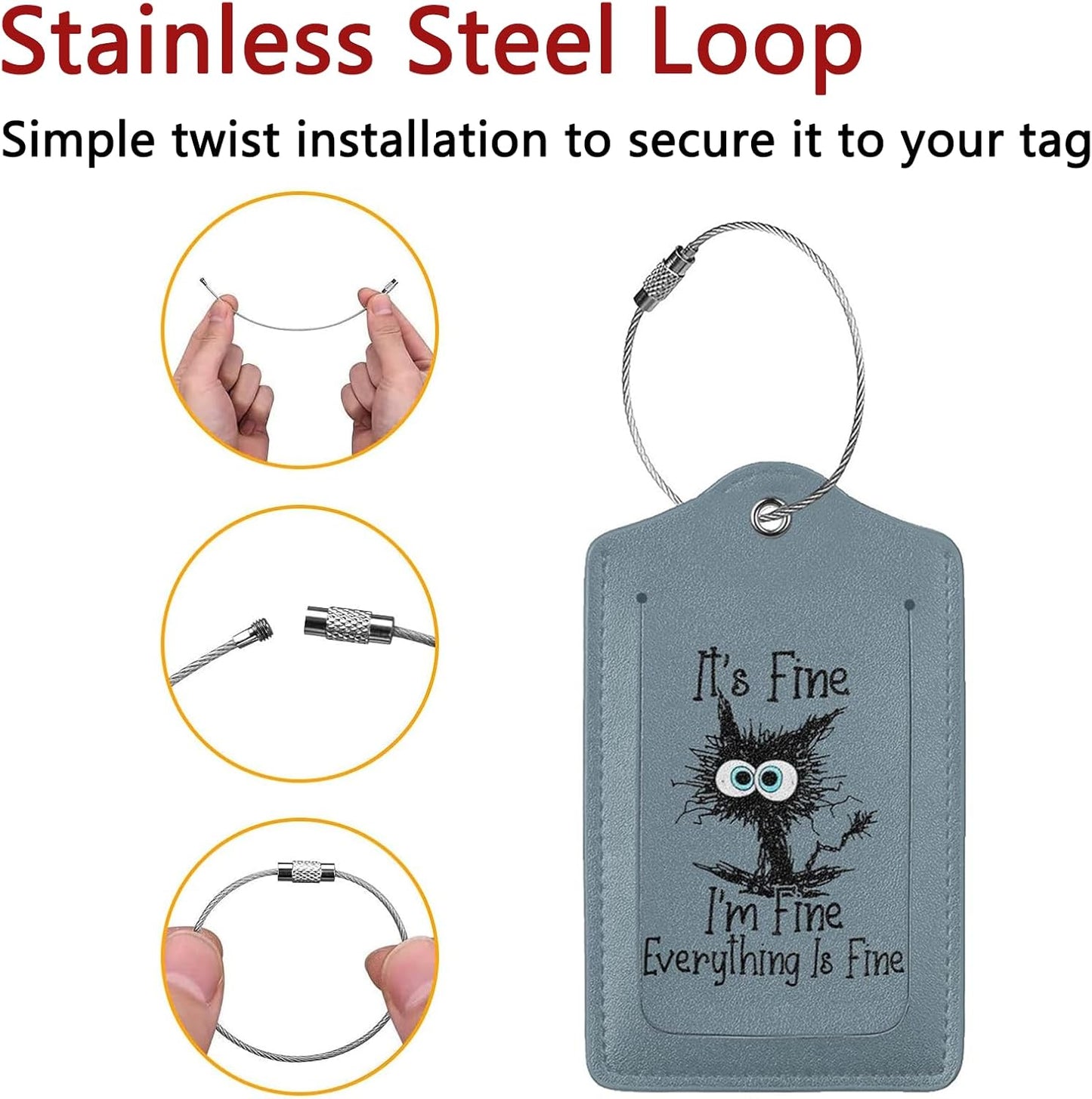 2 Pack Luggage Tags for Suitcase, Privacy Cover ID Label with Stainless Steel and Address Card for Travel Bag Backpack Cruise Ship Essentials Tag Women Men - I'm Fine Funny Cat