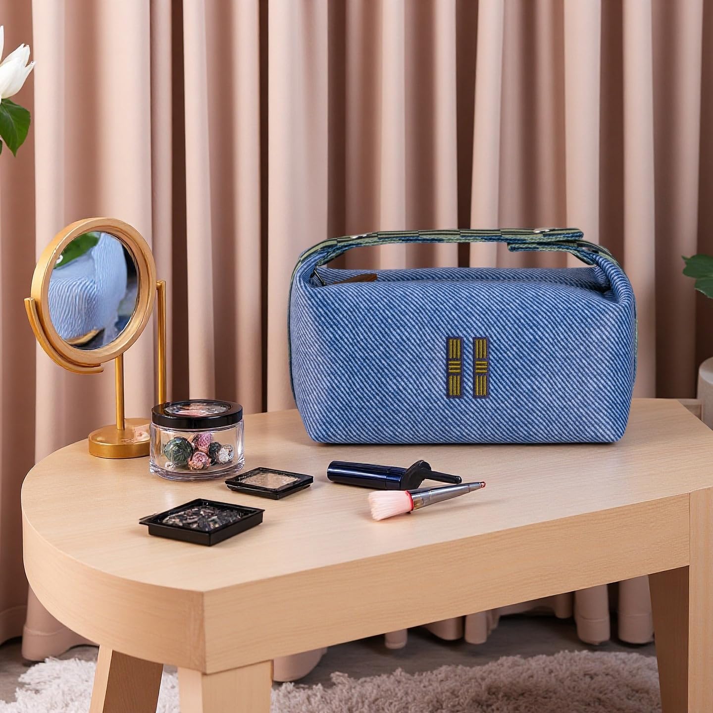 Fashion Makeup Bag for Women, Orange Red Canvas Make up Travel Bag, Hanging Cosmetic Bag Organizer