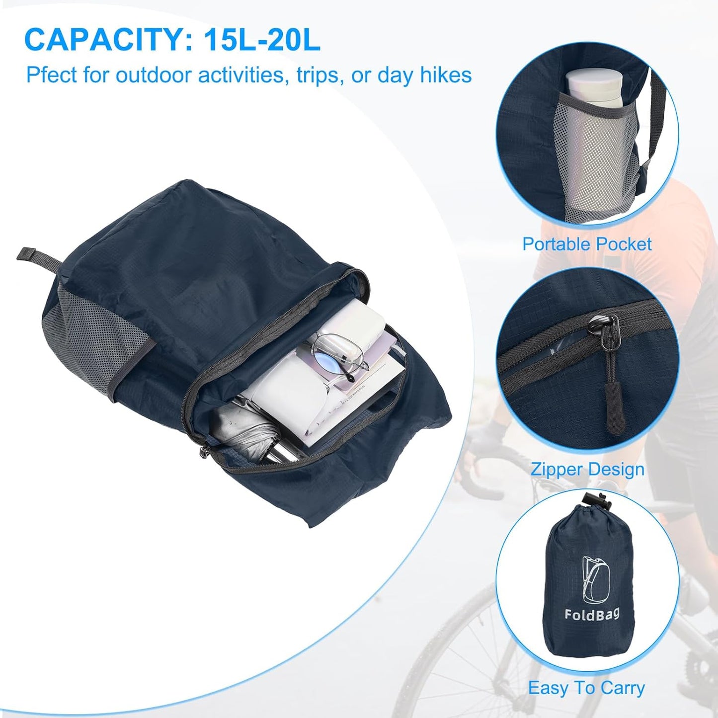 PATIKIL Hiking Backpack, 15L-20L Packable Lightweight Backpack Daypack Small Foldable Outdoor Camping Cycling Backpacking Shoulder Bag, Navy Blue