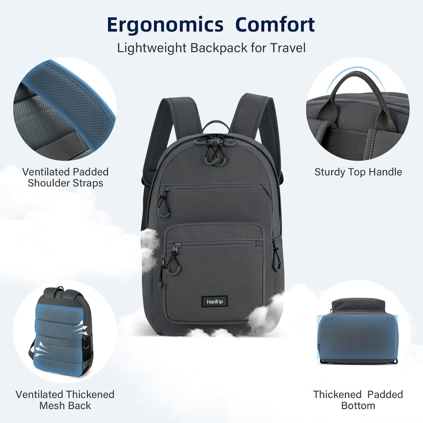 Carry On Travel Backpack For Women, 18 Inch Water Resistant Large Backpack Lightweight Bookbag For Men, 8x14x18 Personal Item Bag Casual Daypack Backpacks For Work Office Commuter (Dark Gray)