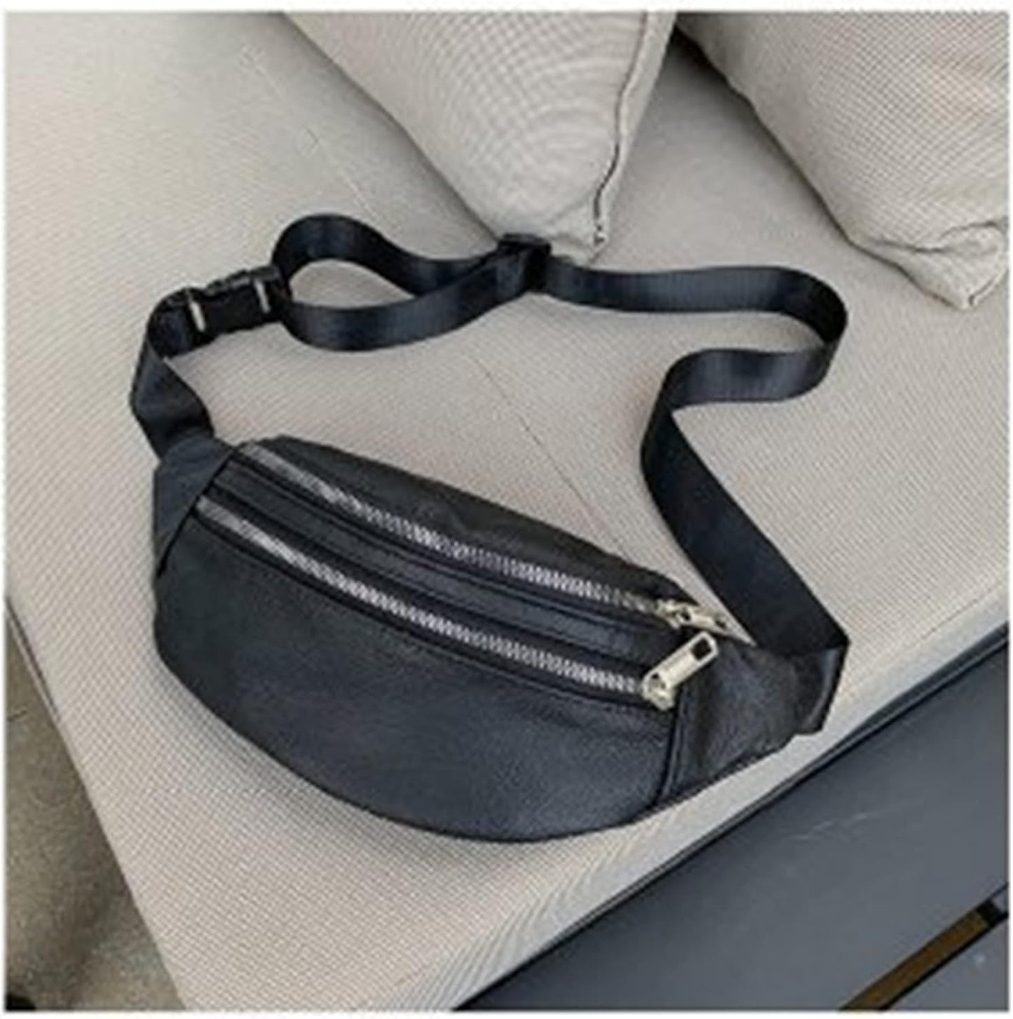 leather Fanny pack, Outdoor travel waist Pack Cowhide Leather Large Size 2 Pockets waist bag.Suitable for outdoor mountaineering, travel, camping, cycling, running, etc.（black-F）