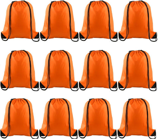 KUUQA 12 Pcs Drawstring Backpack Bags Bulk Orange Drawstring Bag Foldable Gym Bag Sports Cinch Sack String Backpack Storage Bags for Women Men Shopping Gym Travel Sports