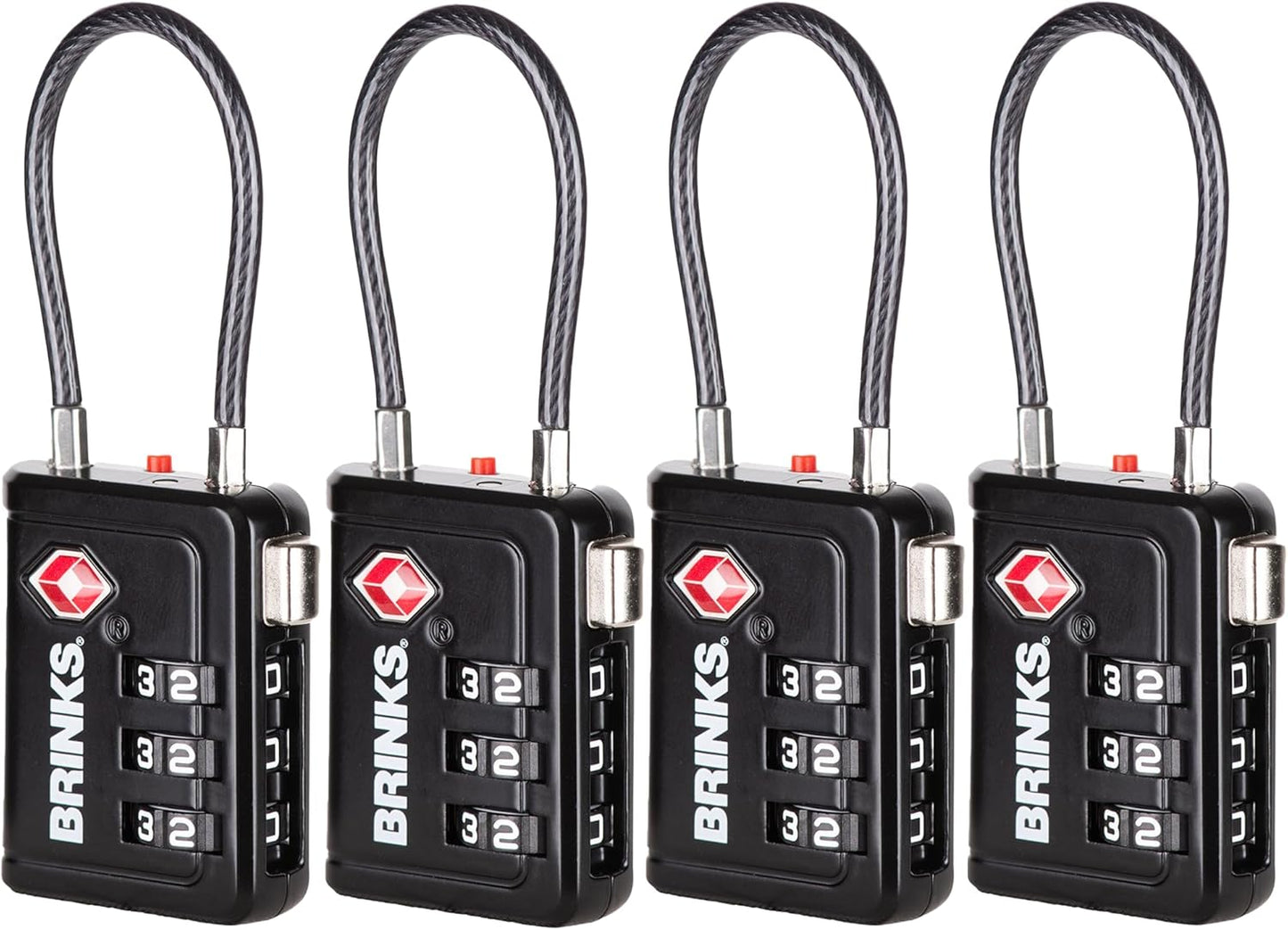 Brinks TSA Accepted Indicator Luggage Lock, Black - Resettable 3-Dial Combination, 1.5 inch Long Cable Shackle, New More Secure TSA008 Key, 4 Pack