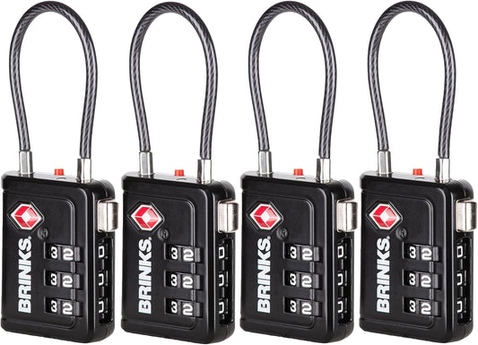 Brinks TSA Accepted Indicator Luggage Lock, Black - Resettable 3-Dial Combination, 1.5 inch Long Cable Shackle, New More Secure TSA008 Key, 4 Pack