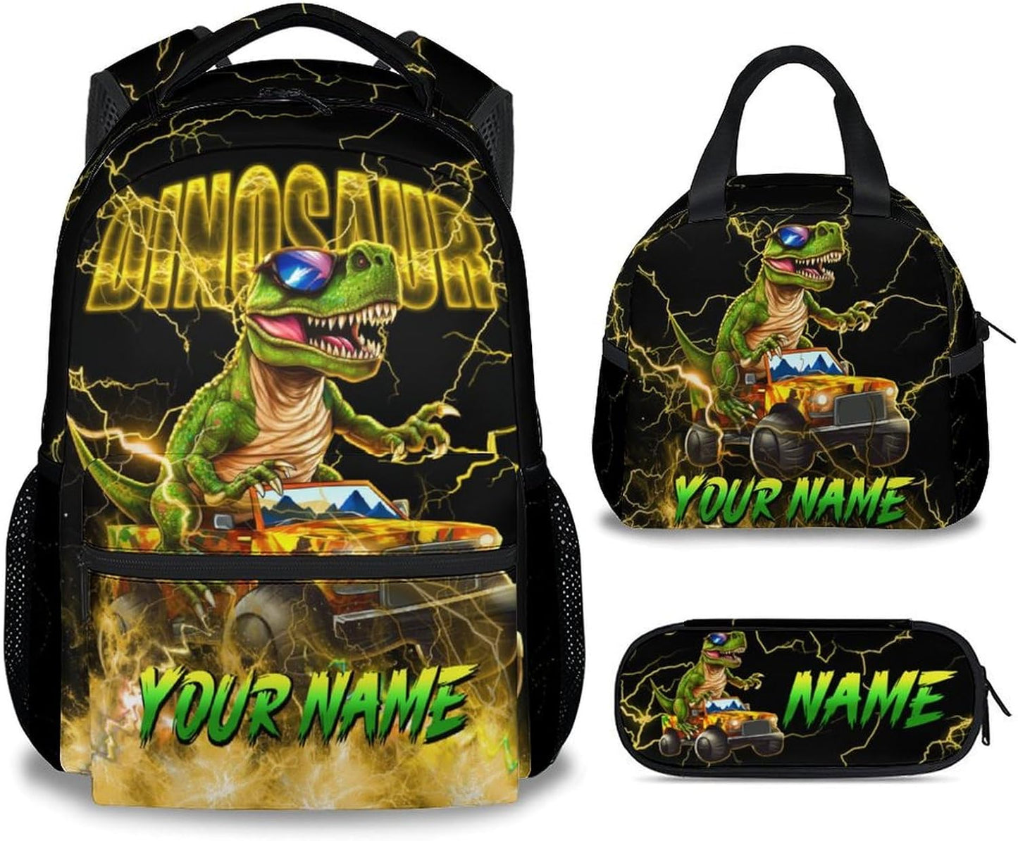 School Backpack with Lunch Box Set, Personalized Dinosaur Backpack for Boys, Custom Kids Bookbag with Name, 17 Inch Truck Book Bag with Pencil Case