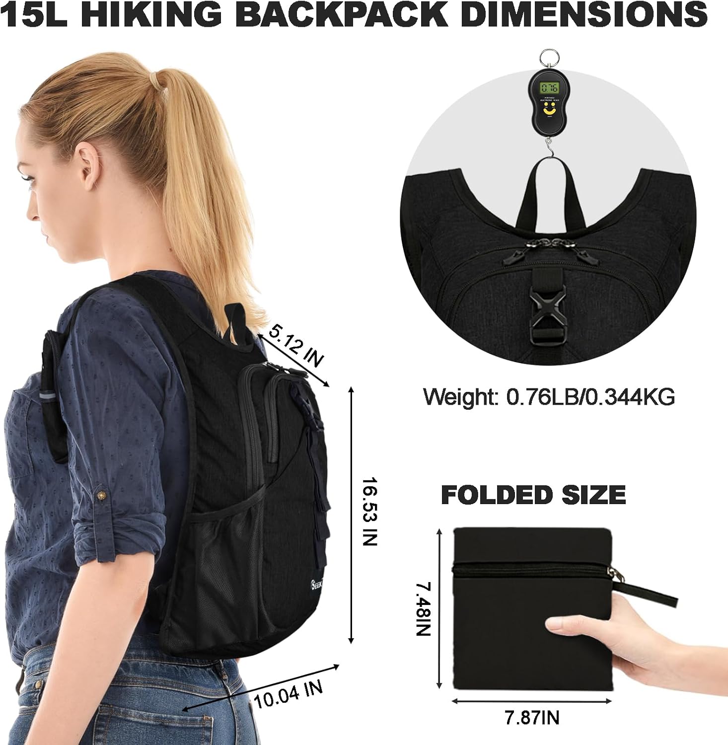 Seektop 15L Small Hiking Backpack for Women Men, Lightweight Hiking Packable Daypack with Phone