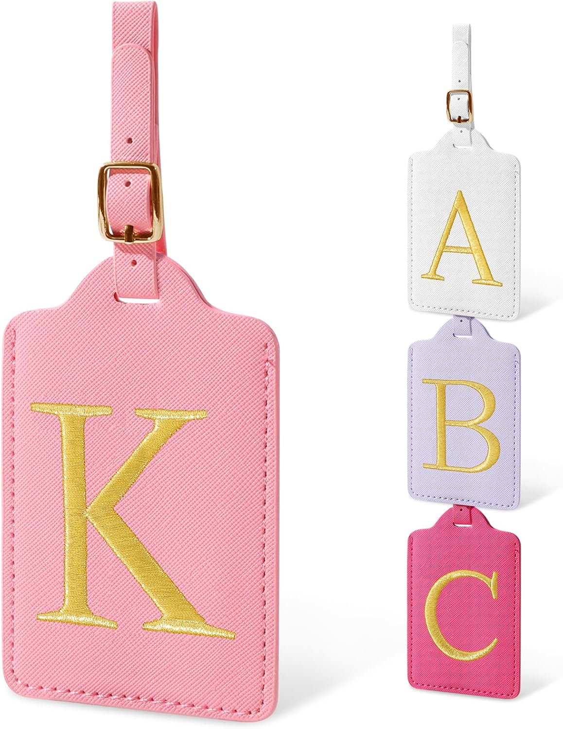 Personalized Initial Luggage Tags for Suitcases, Cute PU Leather Embroidered Letter Travel Luggage Tags, Suitcase Identifier Name Baggage Tag, Bag Tags for Men Women Kids Luggage Handbags(Pink K)