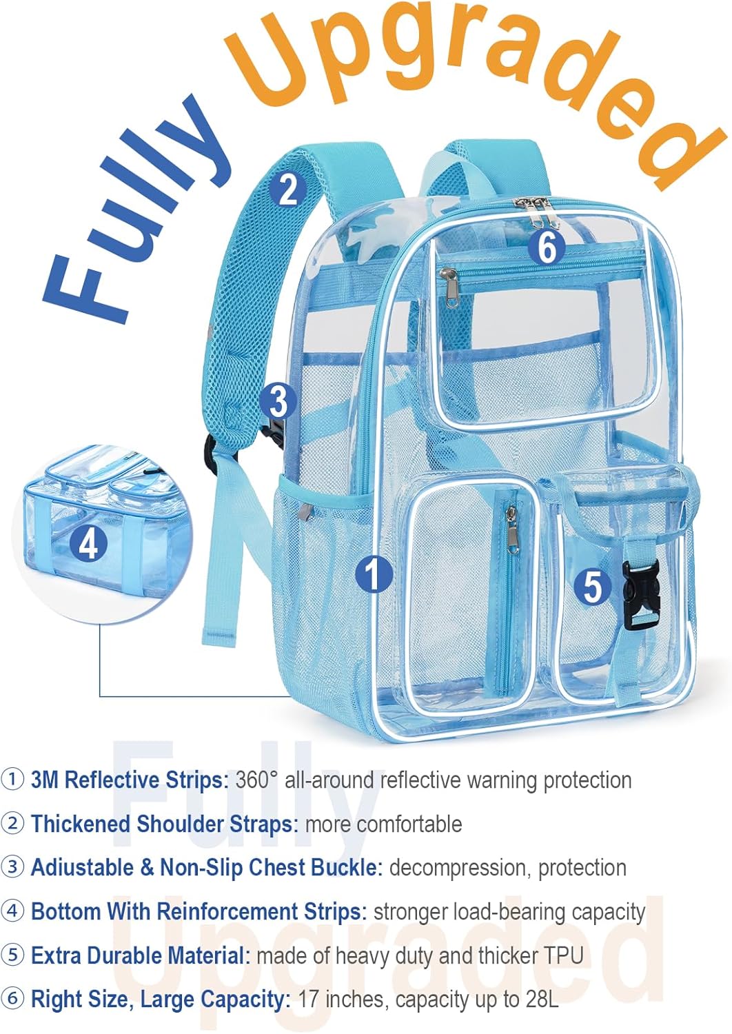 Heavy Duty Clear Backpack For School, 17 Inch Large Clear Bookbag For Kids Boys Girls Women Men, 360° 3M Reflective Strips See Through Backpack, Multi-Pockets Tranparent Bag, Light Blue