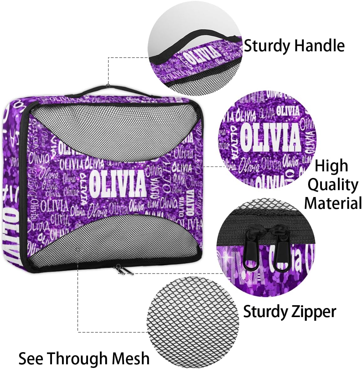 Custom 4 Packing Cubes Set, Lightweight Mesh Travel Luggage Organizers for Travel, 4 Pieces Suitcase Storage Bags, Purple Sequins with Names