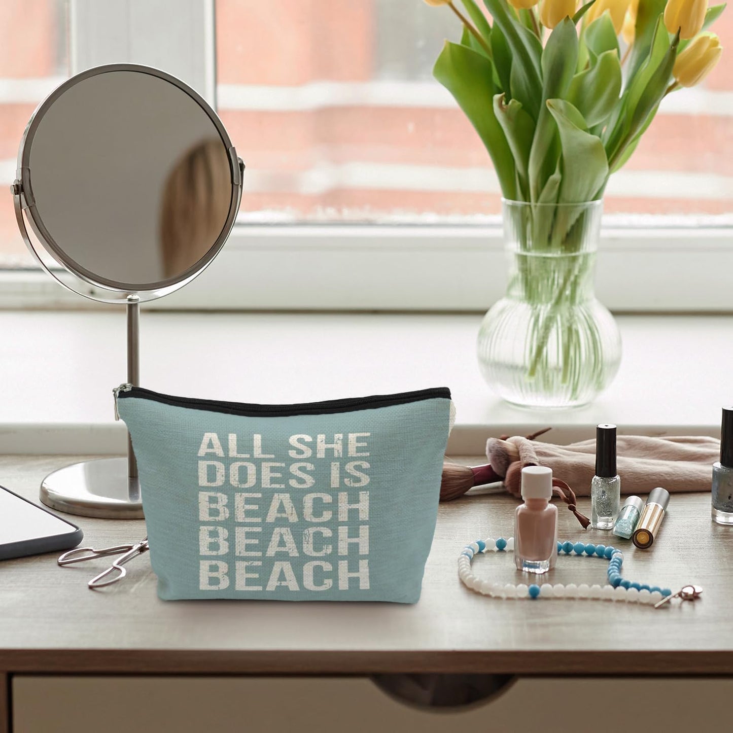 Blue Beach Makeup Bag, Sea Lover Gift, Summer Coastal Cosmetic Makeup Bag, All She Does is Beach Ocean Pouch Purse， Gifts for a Beach Lover