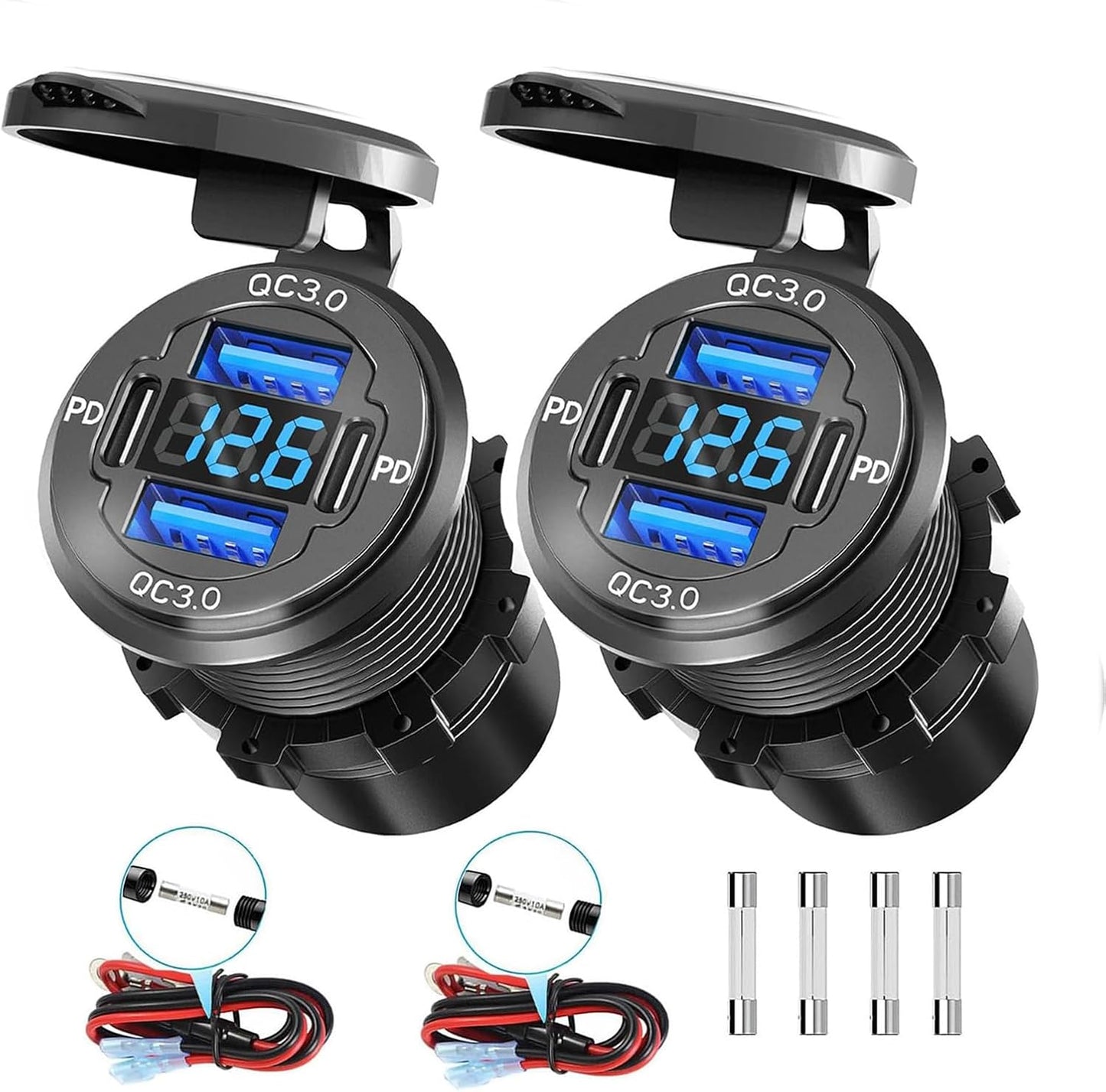 2Pack 78W Quad-Port 12V USB Outlet - Dual QC3.0 & PD3.0 Quick Charge Car Charger Socket with Voltmeter, Aluminum Alloy Waterproof USB C Port for Car Boat Marine Motorcycle RV Truck ATV Golf Cart