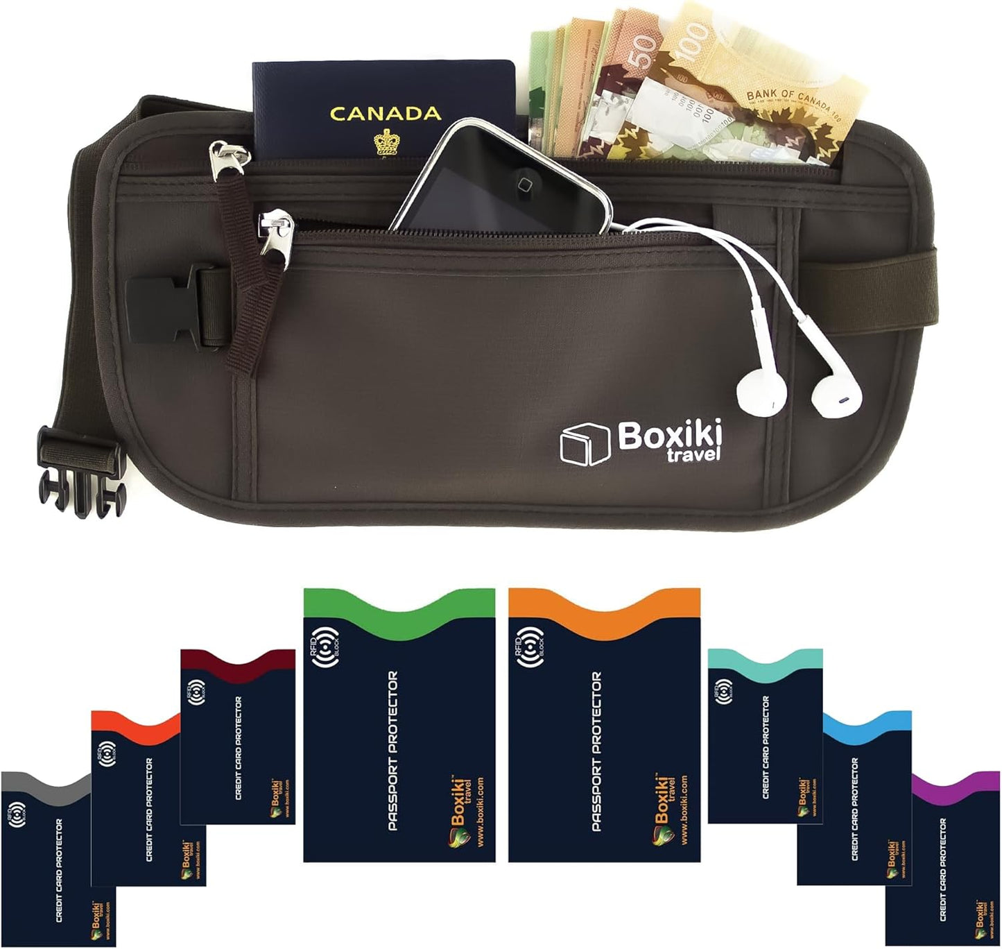 Boxiki Travel Money Belt with RFID Sleeves Set - Secure Travel Pouch and RFID Card Holder to