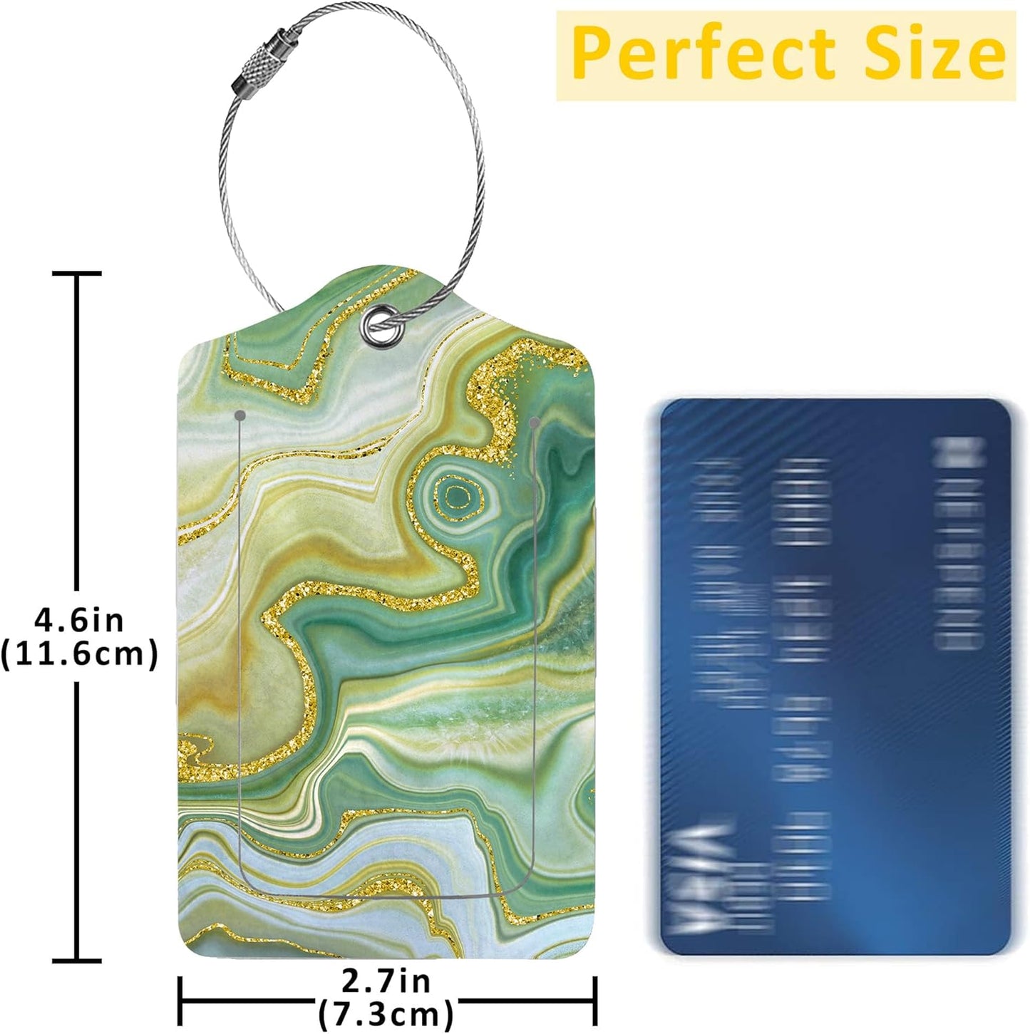 2 Pack Luggage Tag for Suitcase,Green Marble with Gold Glitter Veins PU Leather Suitcase Tags Identifiers with Privacy Name Address Labels and Durable Steel Loop for Women Men Travel