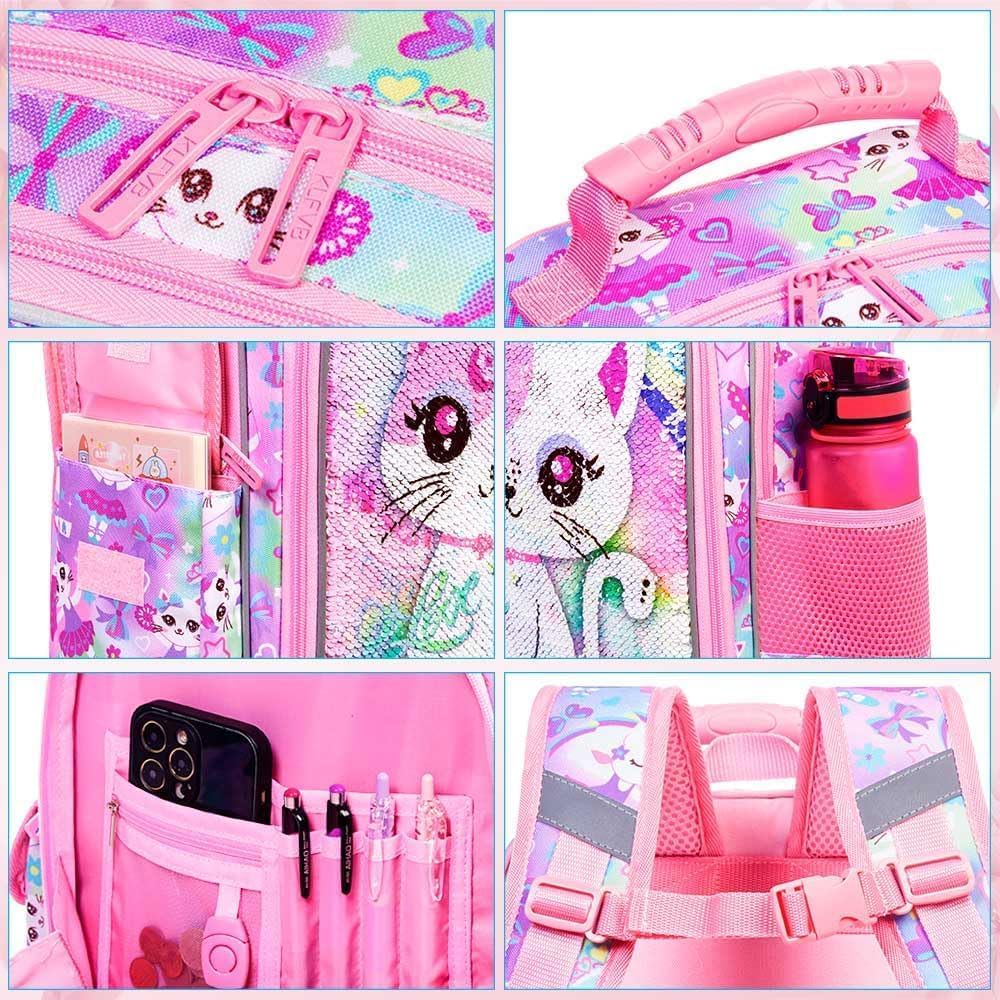 UFNDC 3PCS Girls Backpack, 16”Kids Cat Sequin Bookbag with Lunch Box, Water Resistant School Bag