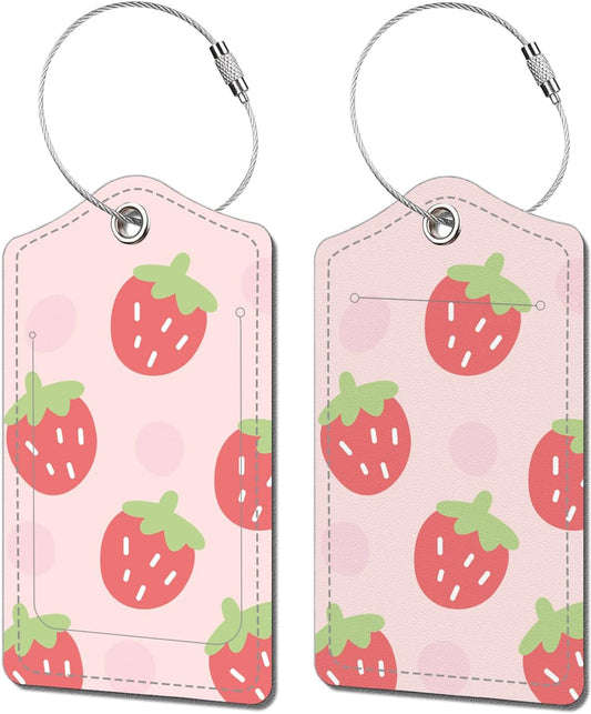 2 Pack Luggage Tags for Suitcase, Cute Leather Suitcase Tags Cruise Ship with Privacy Cover and Double Metal Loop for Women Girls Travel Baggage Bag Backpack Tags, Pink Strawberries