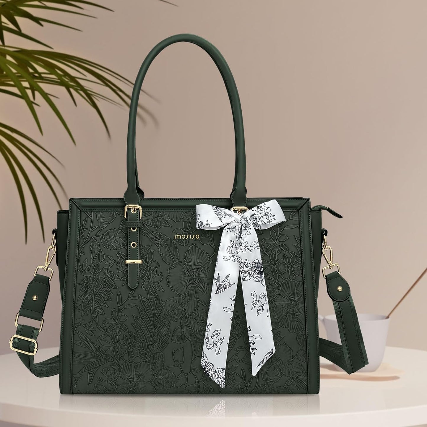 MOSISO Laptop Bag for Women, PU Leather Tote Bag, Front Embossed Retro Hibiscus Computer Bags with Silk Scarf&Clutch Purse